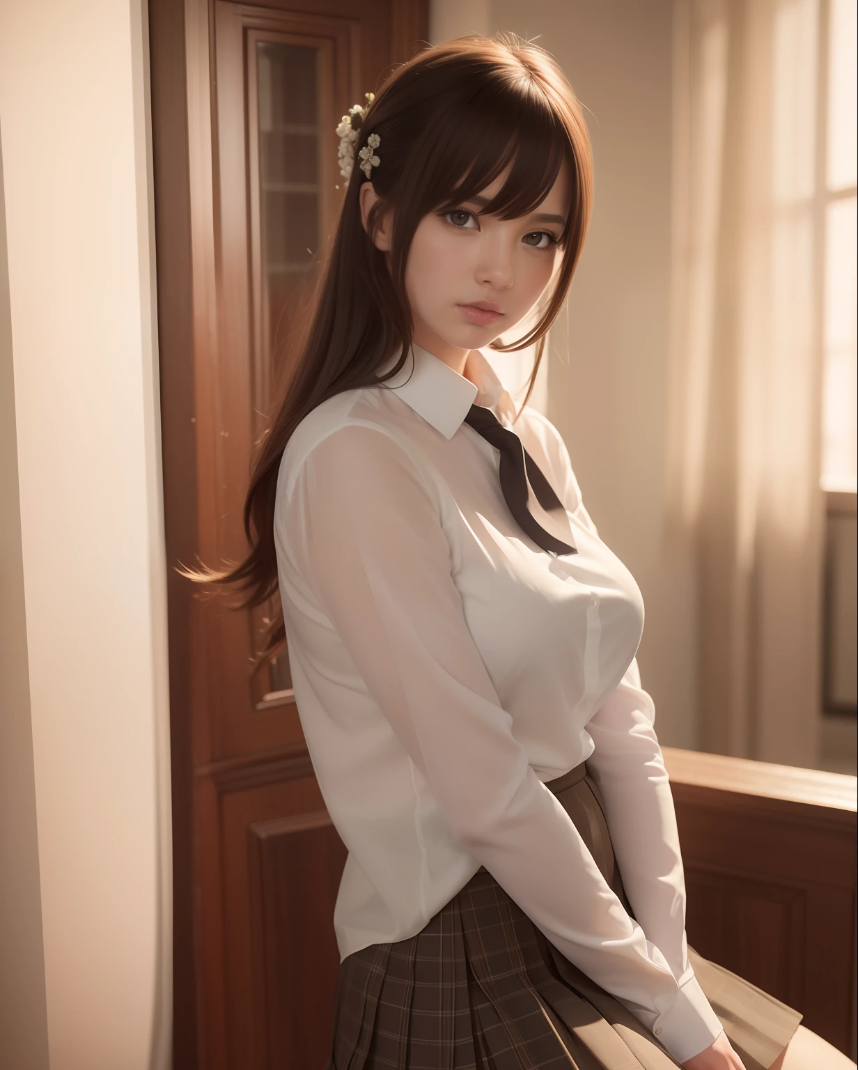 ultra realistic 8k cg, picture-perfect face, flawless, clean, masterpiece, professional artwork, famous artwork, perfect face, beautiful face, beautiful eyes, ((perfect female body)), solo,(immersive atmosphere, chiaroscuro:1.5,bright light:1.2,luminous lighting)
,,(blush:0.5),seductive expression,extremely detailed_eyes,thick thighs,large breasts,
beautifully detailed background,depth of field,realistic:1.3, long shot,1girl,shirt,pleated skirt, school uniform, sitting, full body,
(ambient light:1.3),(cinematic composition:1.3),(neon lights:0.1),(HDR:0.1),Accent Lighting, white pantyhose,