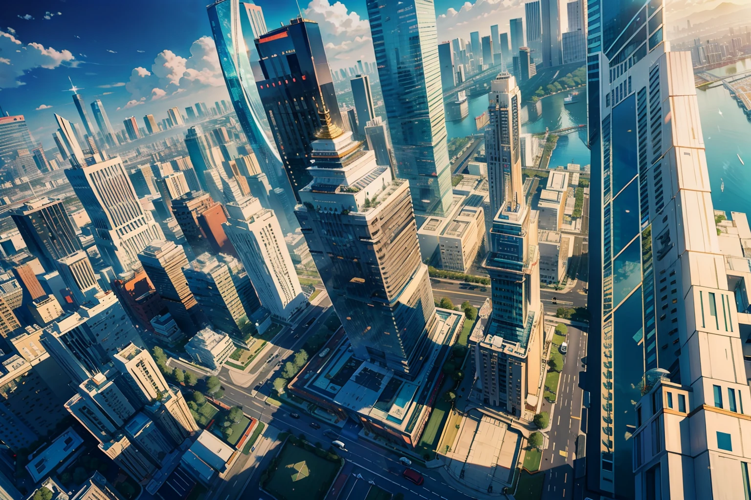 Top angle of view,tmasterpiece,of the highest quality,Cinematic quality,Ray traching,and the sun was shining brightly,城市,城市,polis,The city of the future,Golden-white tones,marbled,Tall buildings tower,Buildings,Full of life,Technologie,Golden stone tiles,glass,Blue glass,White stone brick building