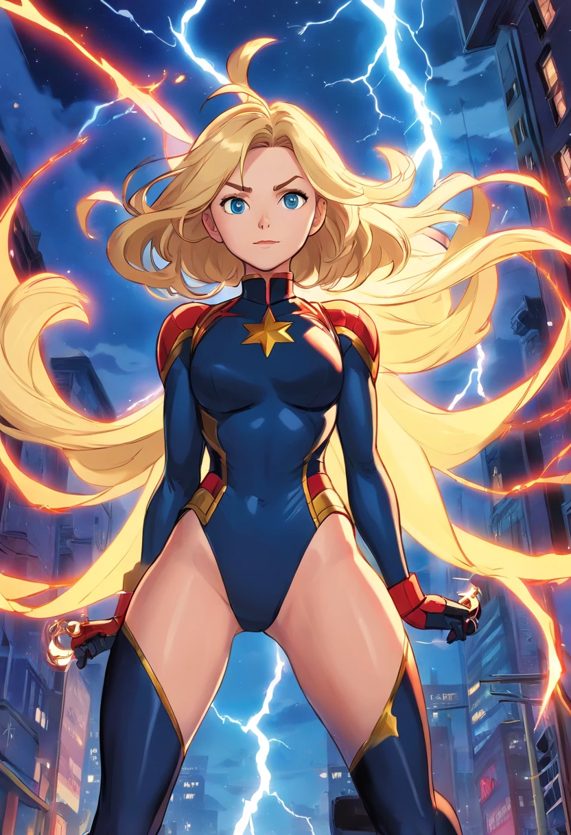 Carol danvers, sleeveless turtleneck leotard, wavy hair, very long hair, blonde hair, blue eyes, huge breasts, detached sleeves, elbow gloves, black leotard, thong leotard, superhero, marvel, yellow lightning bolt symbol, lightning bolt print, thighhighs, thighs, red sash, sash, red belt, belt, captain marvel,