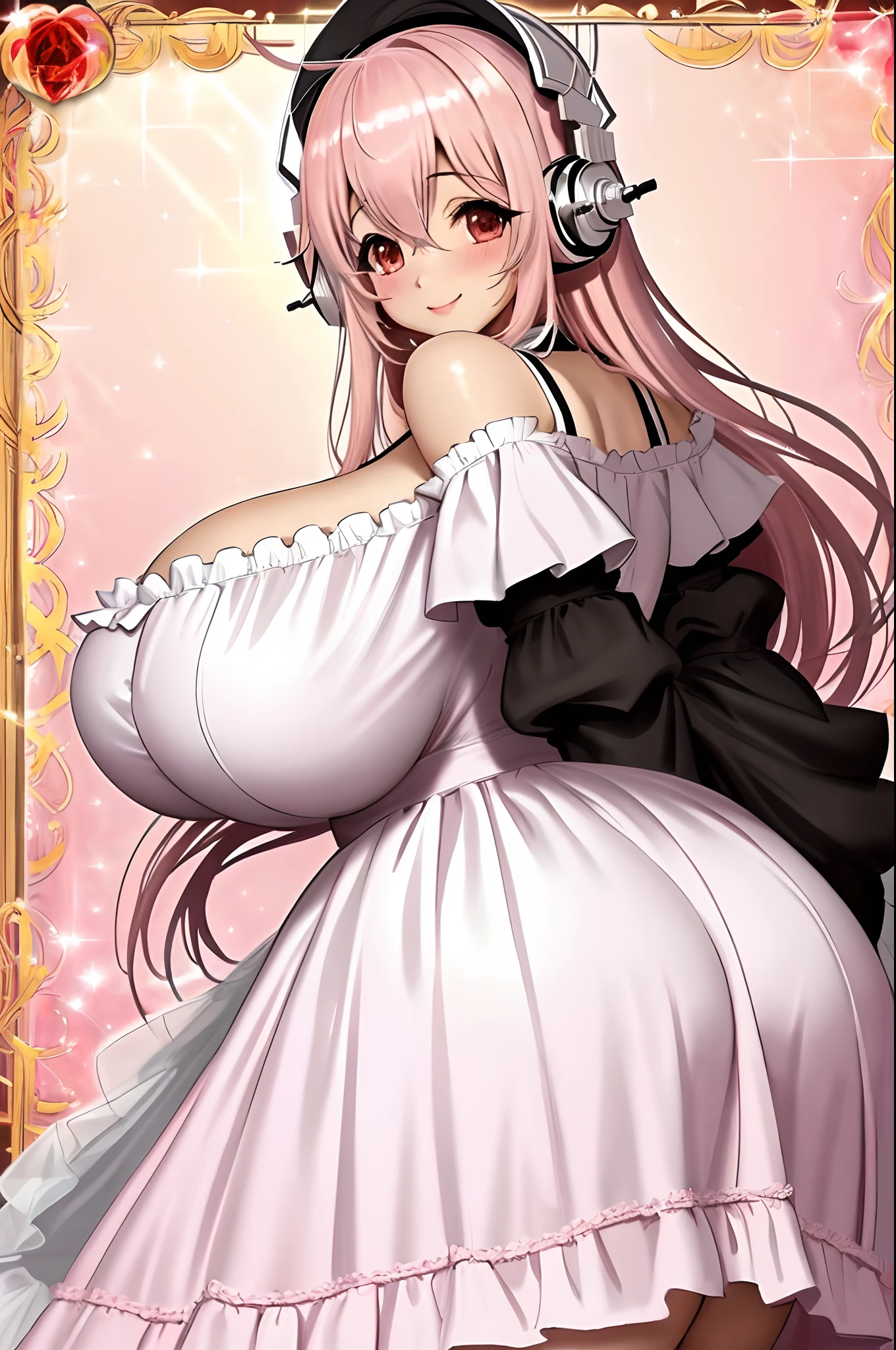 masterpiece, best quality, super sonico in a pink and white goth gal dress off shoulder gigantic breasts arms behind back looking at viewer smiling
