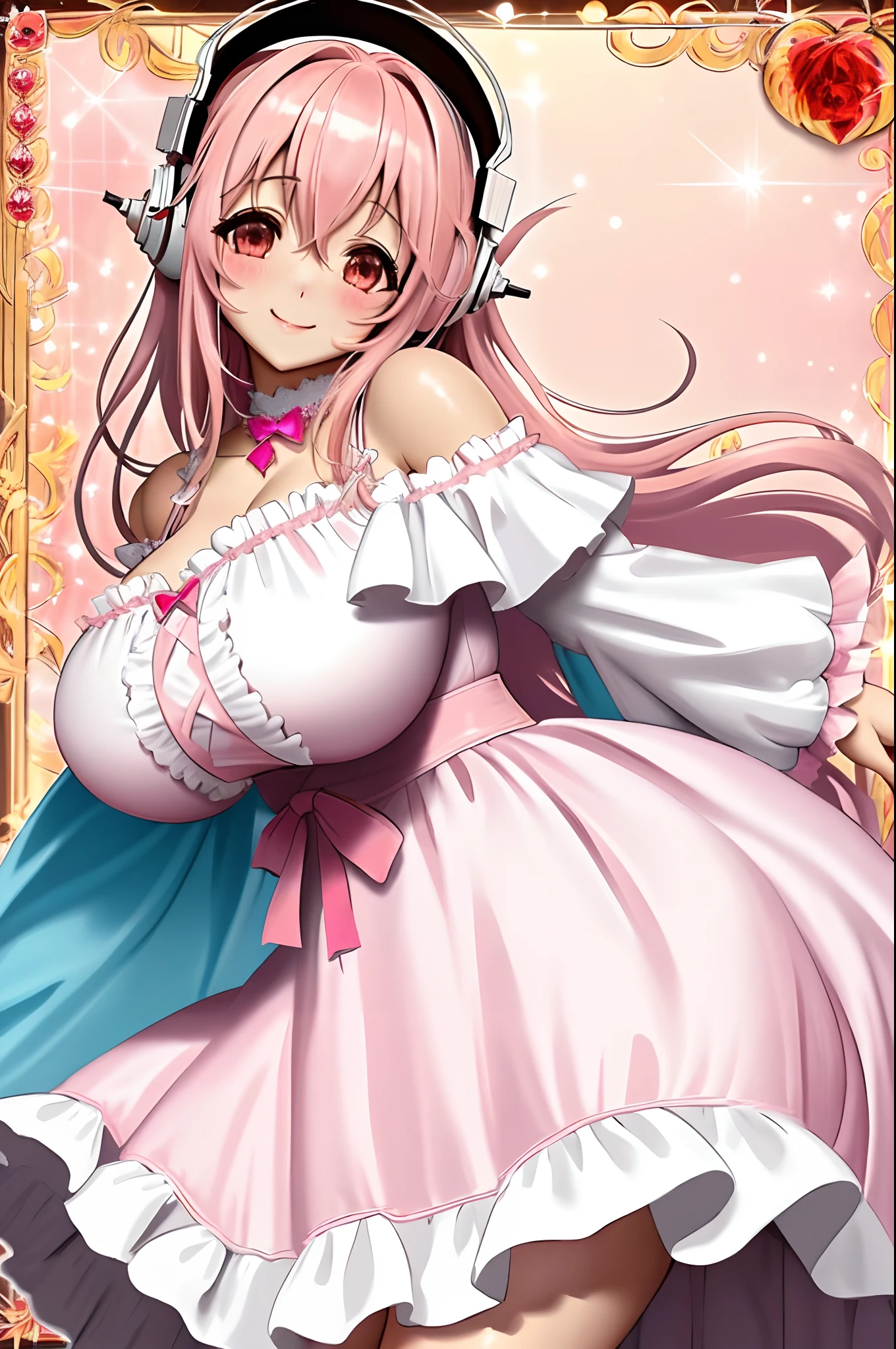 masterpiece, best quality, super sonico in a pink and white goth gal dress off shoulder gigantic breasts arms behind back looking at viewer smiling