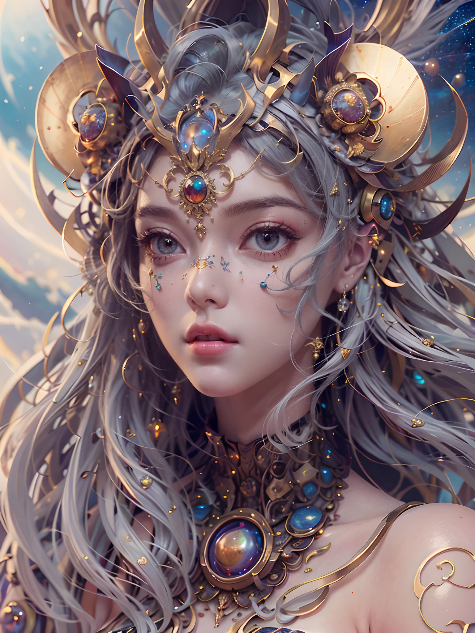 (best qualtiy,ultra - detailed,Most Best Illustration,Best shadow,tmasterpiece,A high resolution,professionalartwork,famousartwork),Detailed eyes,beautidful eyes,closeup cleavage,up body, sci-fy,colored sclera,Robot eyes,face markings,Tattooed with,(fractalized,Fractal eyes),largeeyes,Wide eyes,(Eye focus),sface focus,Cosmic eyes,Space eyes,Close-up of metal sculpture of a woman with a nebula in her hair,goddes。extremly high detail,3 d goddess portrait,Extremely detailed footage of the goddess,a stunning portrait of a goddess,Side image of the goddess,portrait of a beautiful goddess,Full body close-up portrait of the goddess,hecate goddess,portrait of a norse nebula goddess,goddess of space and time
