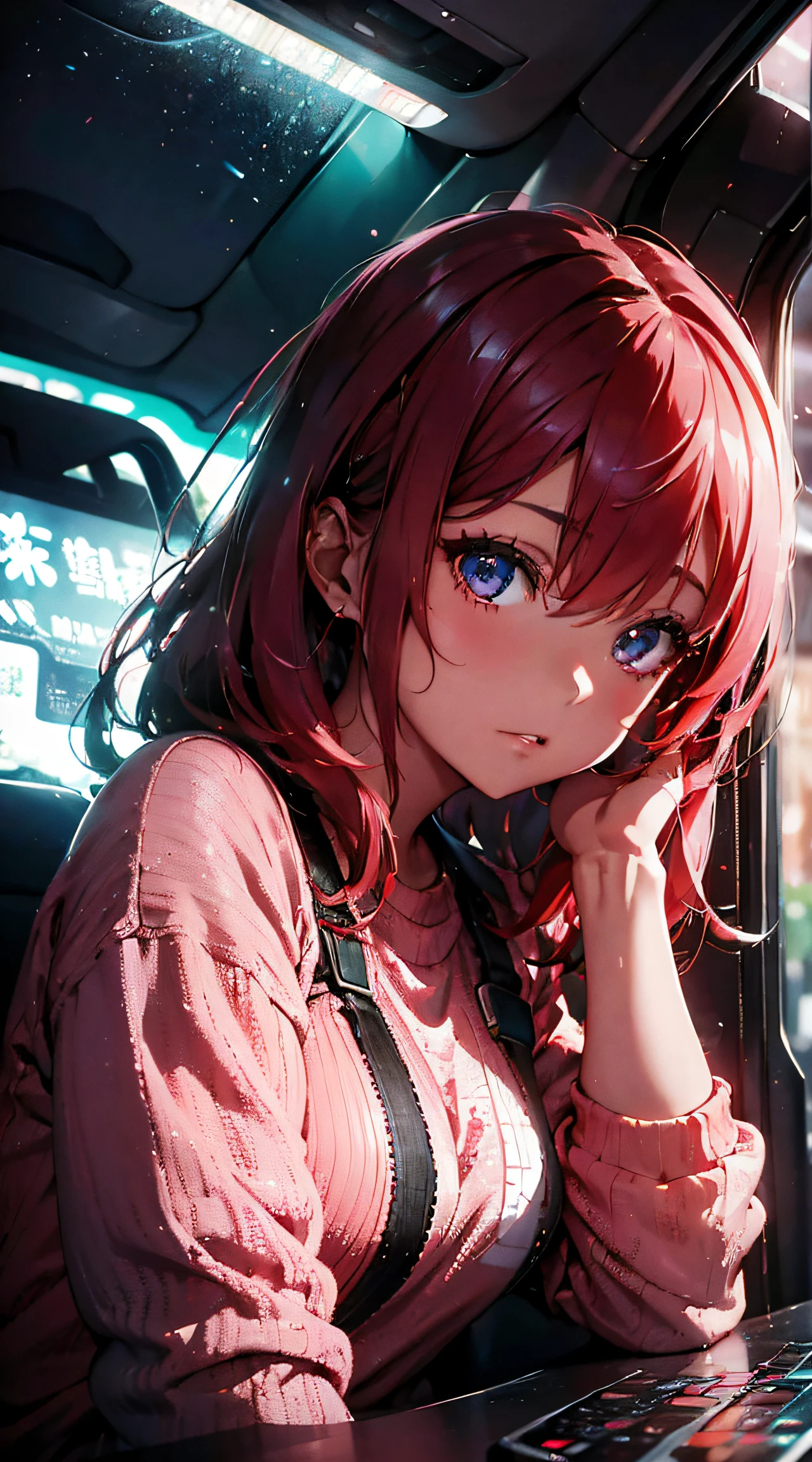 High angle photo of gorgeous young woman in cyberpunk style, Realistic skin texture, head looking up,Pink sweatshirt,Pose in the car, 1 / 2 Body cropping, 8 5mm art lens, f 1. 2, Sharp focus, 8 k high definition, insanely details, Intricate, elegant, Artwork by Stanley Lau and cyberpunk