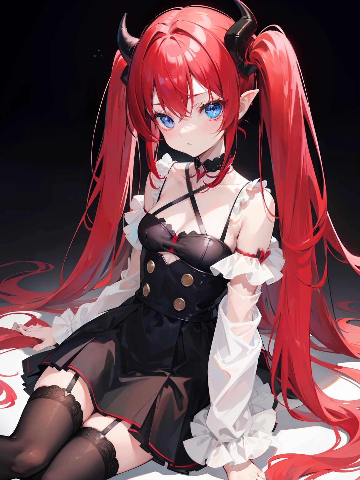 red hair,blue eyes,twintails, long hair, solo, loli, black stockings,{{best quality}}, {{masterpiece}}, {{ultra-detailed}}, {illustration}, {detailed light}, {an extremely delicate and beautiful},little girl,cute,Succubus, demon,horns