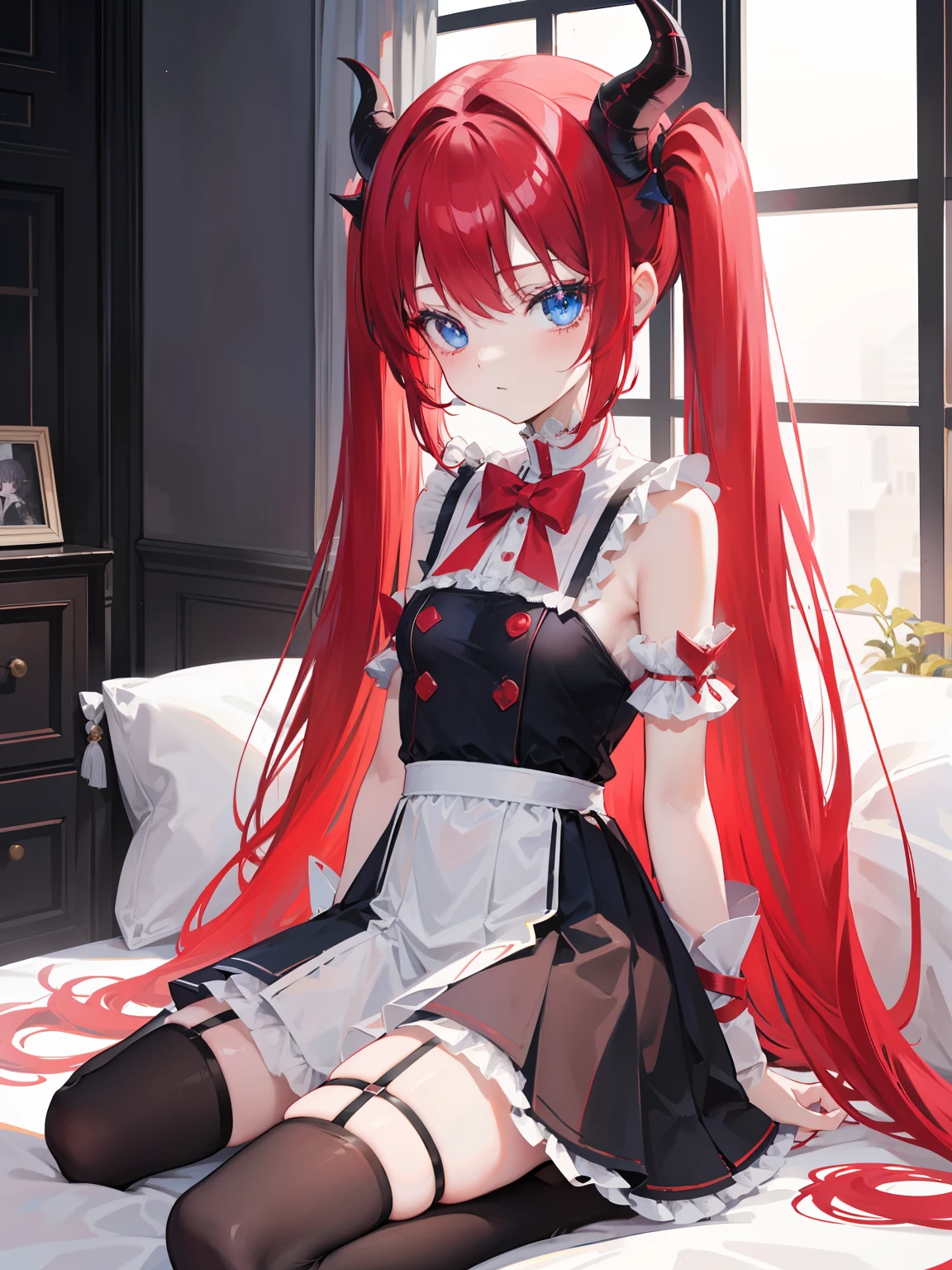 red hair,blue eyes,twintails, long hair, solo, loli, black stockings,{{best quality}}, {{masterpiece}}, {{ultra-detailed}}, {illustration}, {detailed light}, {an extremely delicate and beautiful},,cute,Succubus, demon,horns