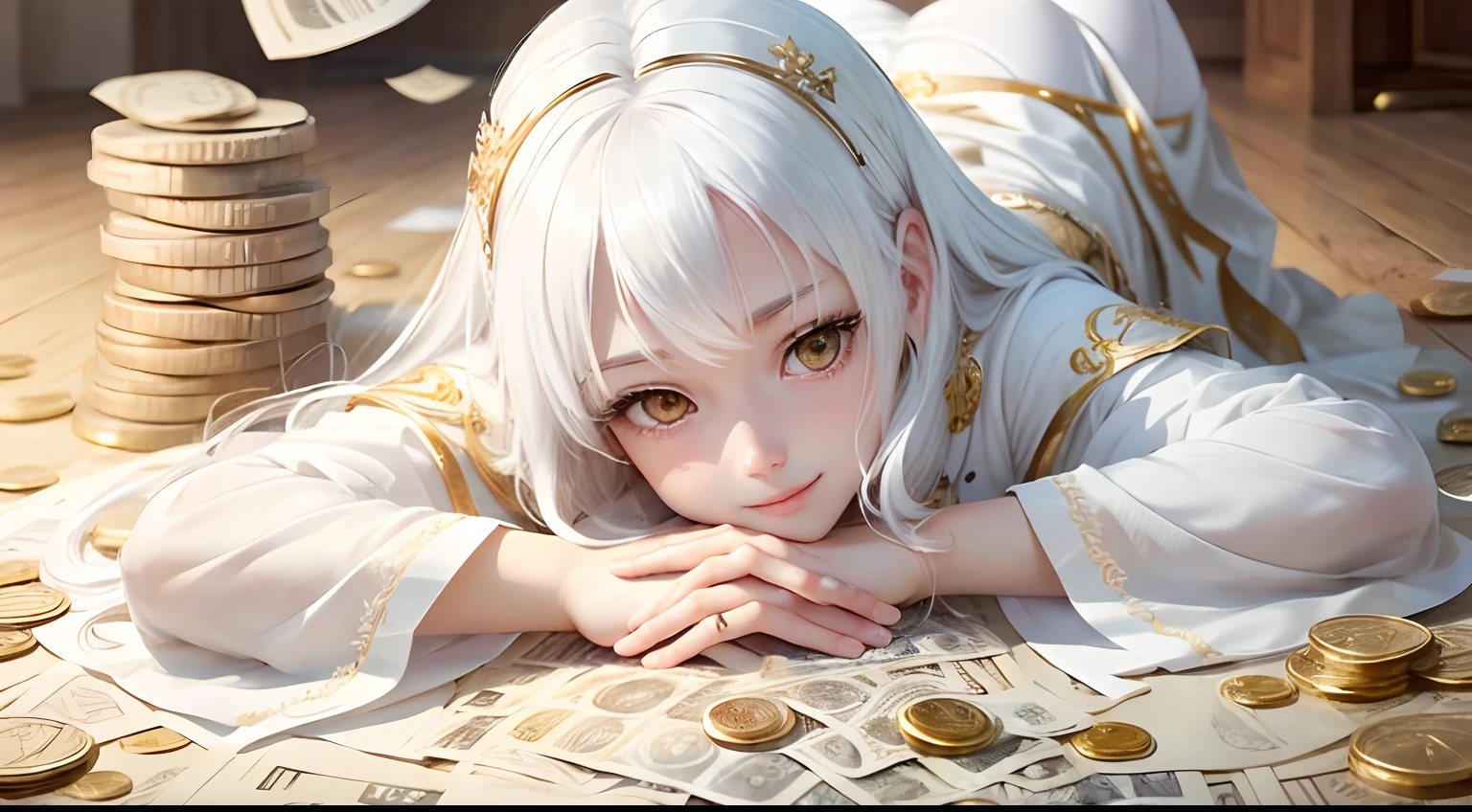 best quality, white hair, gold eyes, white clothes, looking up, upper body, hair strand, Fair skin, smiling, Banknotes and coins are scattered, lie down