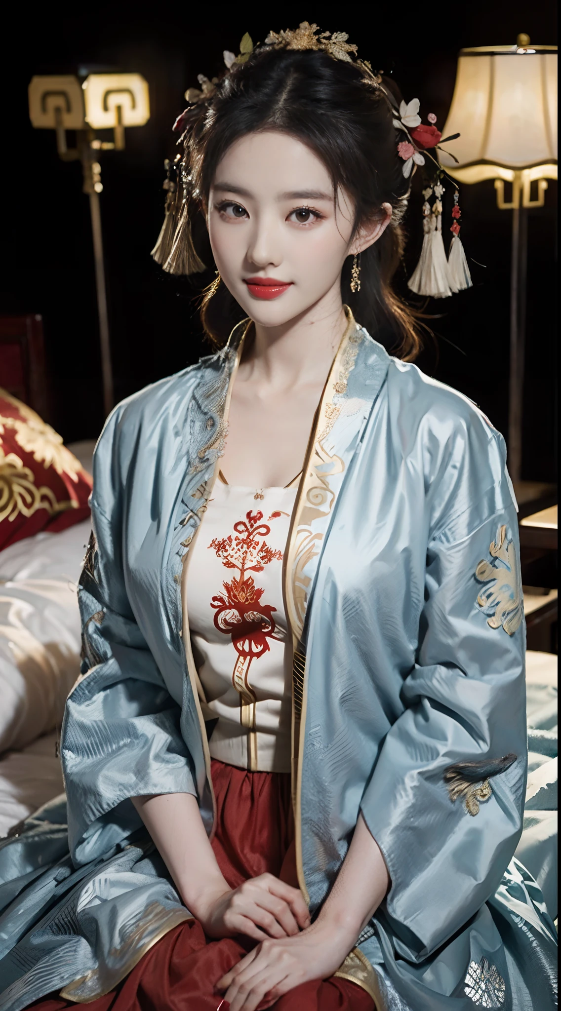 (ultra realistic 8k CG:1.2),perfect artwork,delicate pattern,intricate detail, (unparalleled masterpiece,best quality:1.2),(extremely intricate:1.2),a woman in a red and gold dress,liu yifei, Phoenix crown,hair stick,(sitting on red bed),Cosmetic,blush,shy,black_hair, looking at viewer, Cosmetic,(forehead dot),(2 red candles), chinese_clothes, curtains, earrings, hair_ornament, hanfu, indoors, jewelry, red nails, long_sleeves, red dress, red lips, tassel, (Red quilt),(red palace:1.2),(ancient Chinese architecture),(red:1.8),night,light smile,((close-up shot))