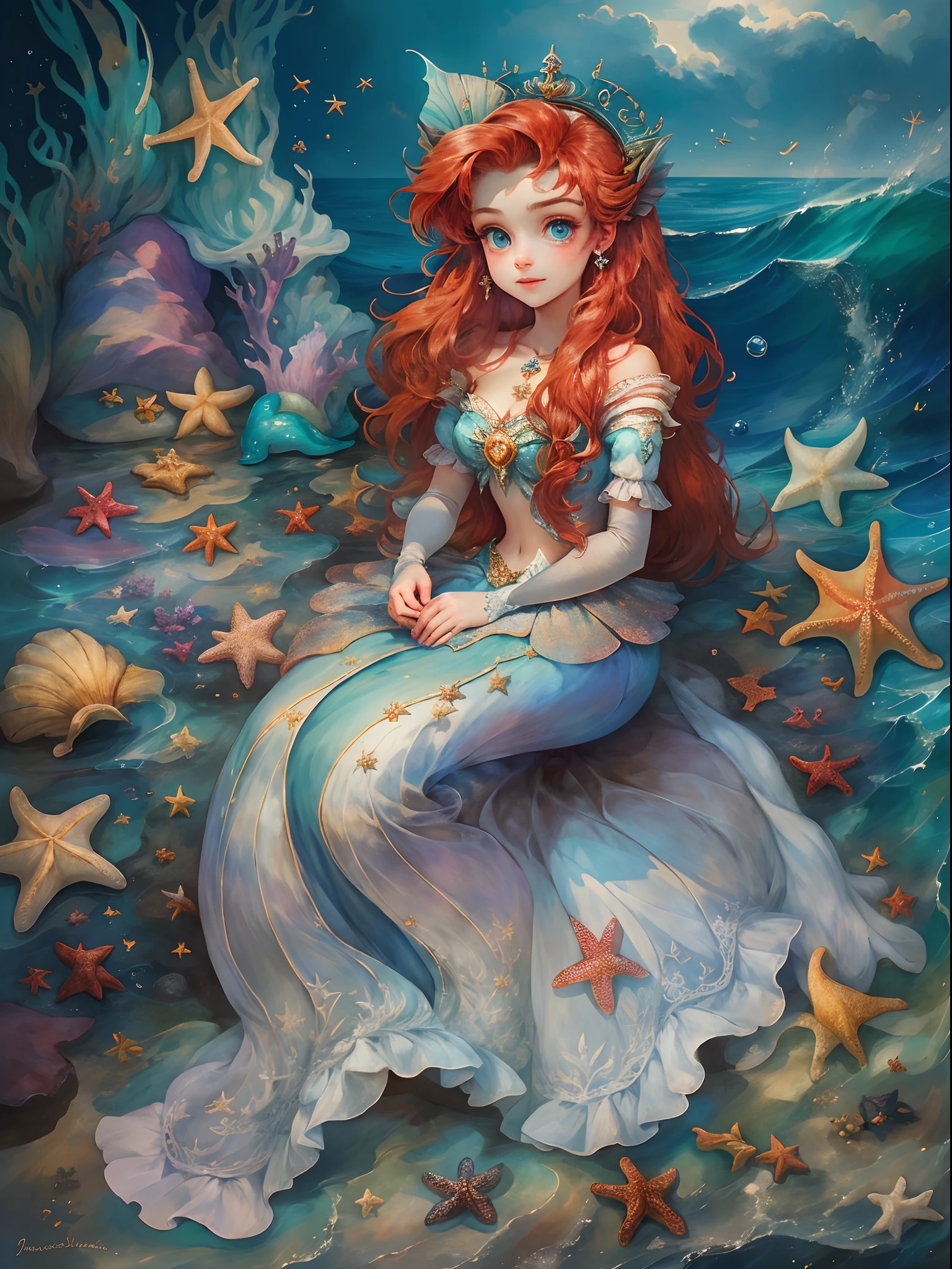 HighestQuali，tmasterpiece：1.2，Detailed details，A -yeld wo dressed up as a portrait of Ariel the Little Mermaid of Disney，Exquisite facial features，She held a starfish in her hand，She sits by the sea，There is foam everywhere