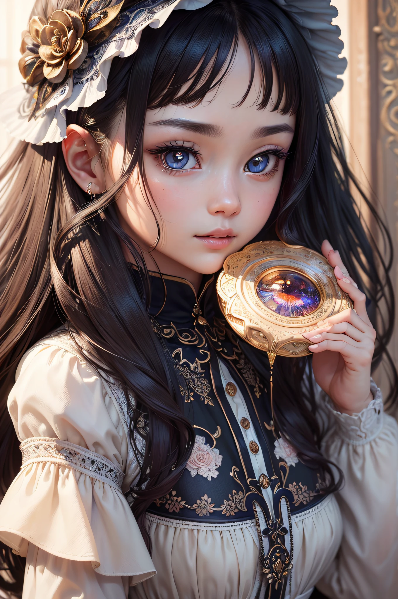 there is a woman holding a crystal ball in her hand, artwork in the style of guweiz, portrait of magical lolita girl, portrait of a young witch girl, portrait of magical young girl, by Yang J, guweiz, portrait of magical girl, fairycore, witch fairytale, fantasy portrait, 🌺 cgsociety, portrait of a young witch