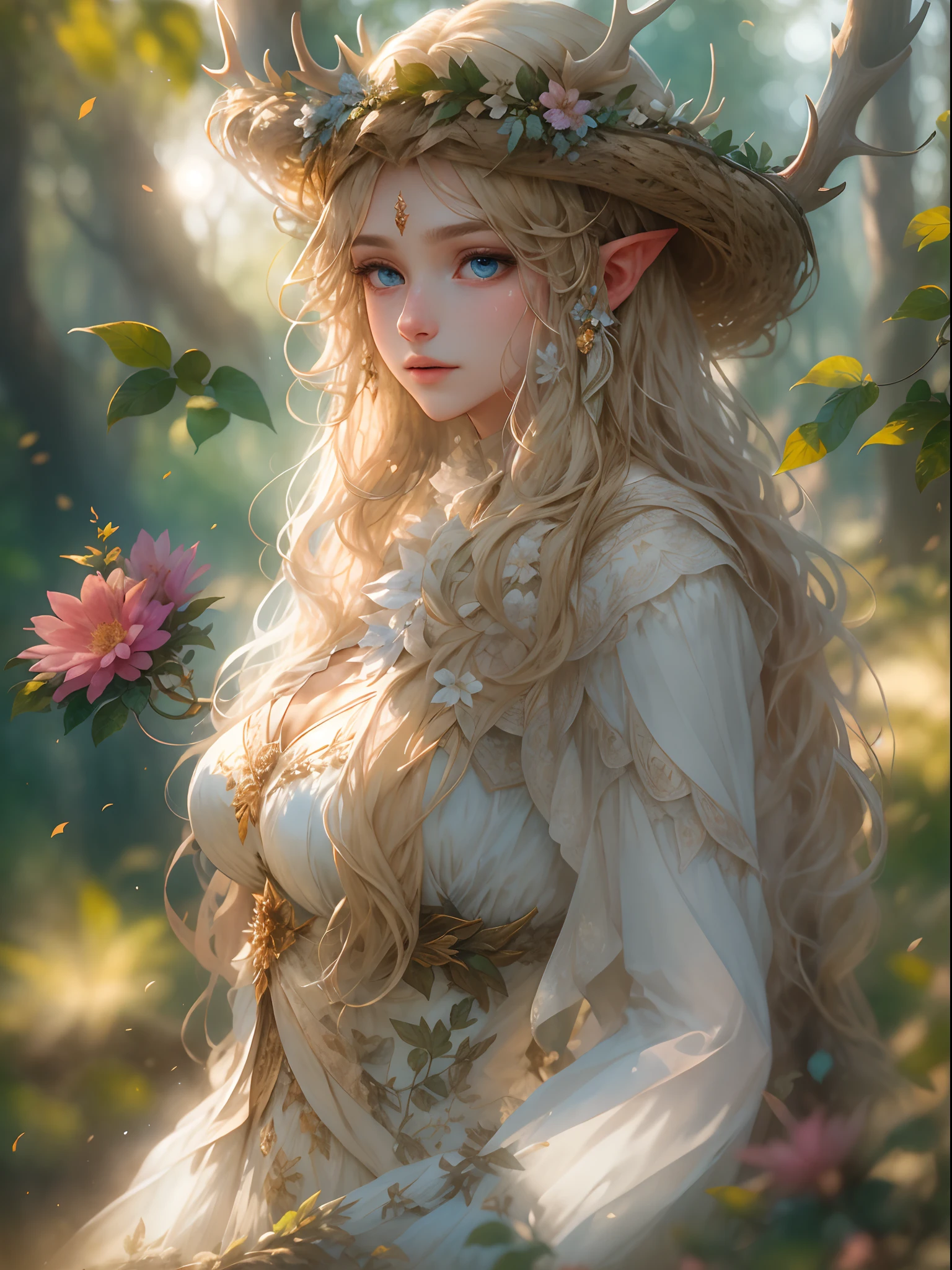 (realisticlying:1.35),(concept-art),(cowboy lens),(Majestic goddess of the forest),(Gorgeous face,big breasts enchanting,Amazing),(Long, Flowing light blonde hair),A humanoid body composed entirely of flowers and leaves,(Beautiful skin is green,Made of complex leaves and vines),(Antlers on the head),(pointy ears),(Shining blue eyes),Lush big breasts(an enchanted forest)Background with,butterflys:0.35,leafs, blooming light effect, blossoms:0.4, God Ray, Light and dust, realistic skin textures, (The light from the back window is backlighted), 复杂, A detailed, highest quality, hasselblatt, Nikon D850, Natural stereo lighting, (Good anatomy), well-composed, (good proportions), subsurfacescattering, Award-Awarded, tmasterpiece