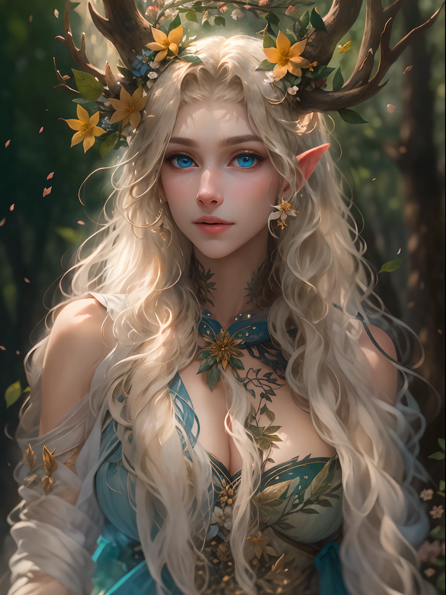 (realisticlying:1.35),(concept-art),(cowboy lens),(Majestic goddess of the forest),(Gorgeous face,big breasts enchanting,Amazing),(Long, Flowing light blonde hair),A humanoid body composed entirely of flowers and leaves,(Beautiful skin is green,Made of complex leaves and vines),(Antlers on the head),(pointy ears),(Shining blue eyes),Lush big breasts(an enchanted forest)Background with,butterflys:0.35,leafs, blooming light effect, blossoms:0.4, God Ray, Light and dust, realistic skin textures, (The light from the back window is backlighted), 复杂, A detailed, highest quality, hasselblatt, Nikon D850, Natural stereo lighting, (Good anatomy), well-composed, (good proportions), subsurfacescattering, Award-Awarded, tmasterpiece