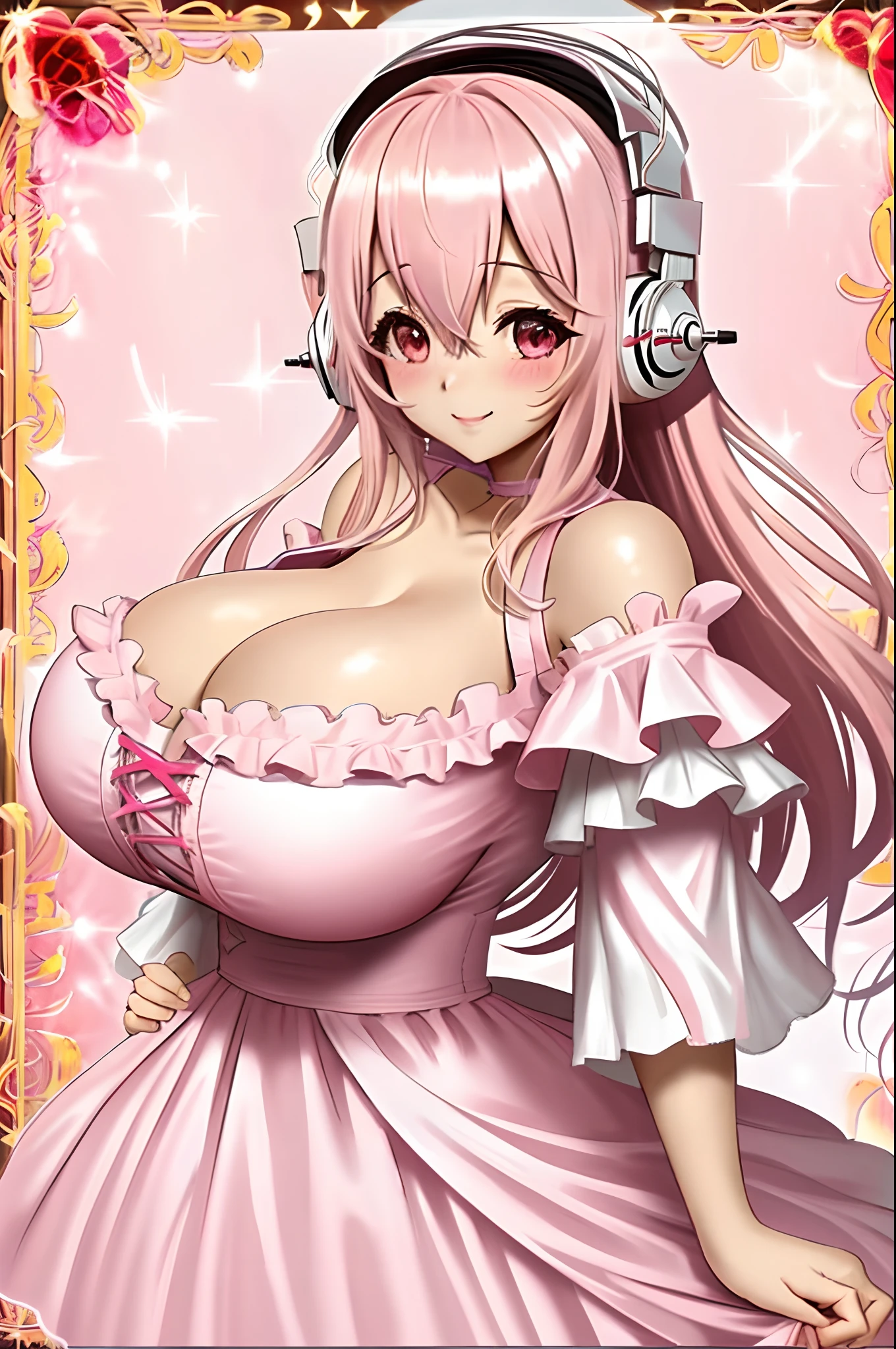 super sonico in a pink and white goth gal dress off shoulder gigantic breasts arms behind back looking at viewer smiling