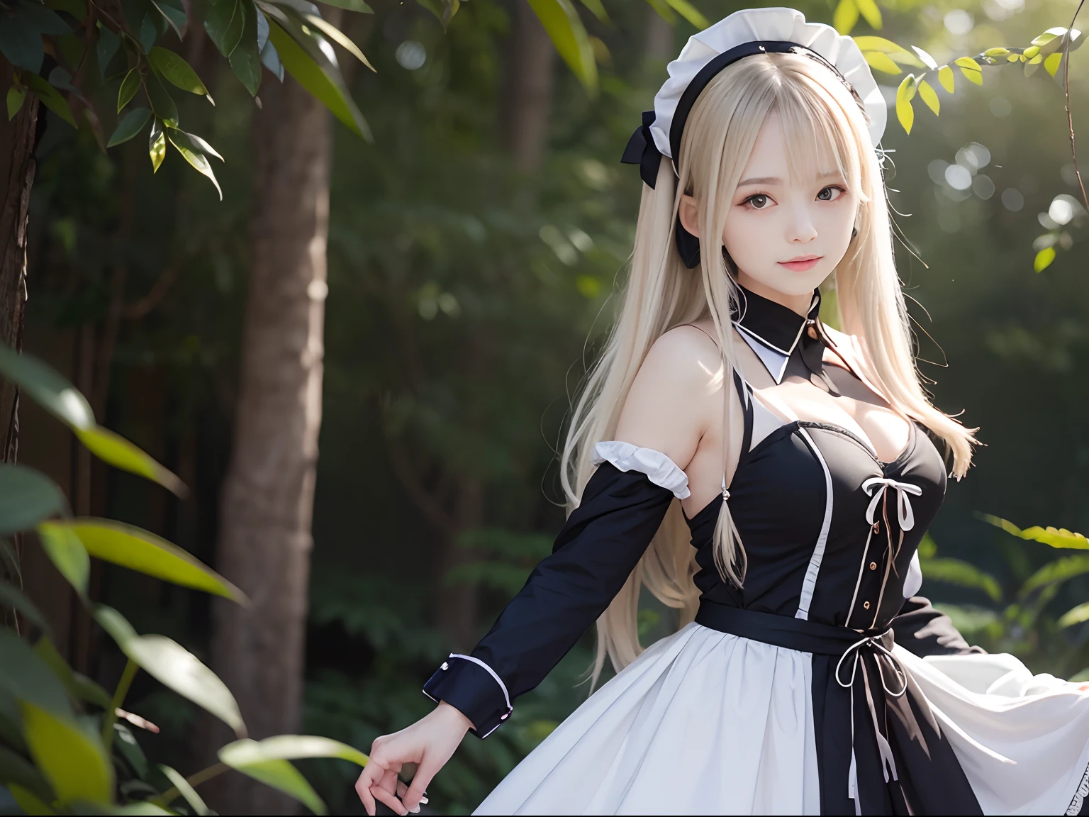 masterpiece、top-quality、hight resolution、extremely detailed photo、profetional lighting、Alafi in white dress and black shoes poses for photo、a sexy maid in a magical forest、doress、Lori in a dress、gorgeous maid、maid clothes、maid dress、a maid in a magical forest、Maid in uniform、Anime girl in maid clothes、Dressed in beautiful white、portlate、School Uniforms、bright expression、Young shiny shiny white shiny skin、Best Looks、Blonde reflected light、Platinum blonde hair with dazzling highlights、shiny light hair,、Super long silky straight hair、Beautiful bangs that shine、Glowing crystal clear attractive big blue eyes、Very beautiful nice cute 16 year old girl、Lush bust、poneyTail、