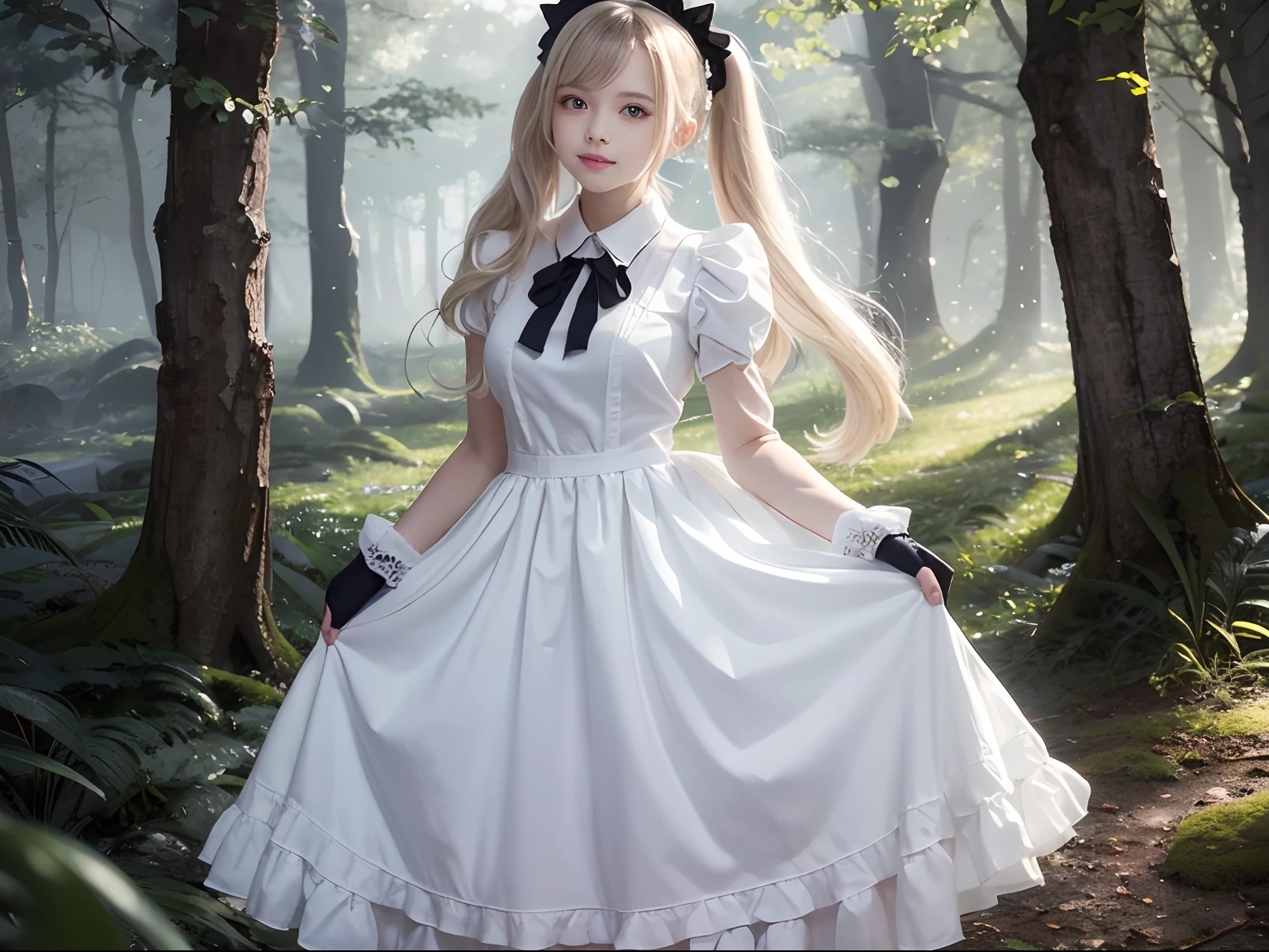 ​masterpiece、top-quality、hight resolution、extremely detailed photo、profetional lighting、Alafi in white dress and black shoes poses for photo、a sexy maid in a magical forest、doress、Lori in a dress、gorgeous maid、maid clothes、maid dress、a maid in a magical forest、Maid in uniform、Anime girl in maid clothes、Dressed in beautiful white、portlate、School Uniforms、bright expression、Young shiny shiny white shiny skin、Best Looks、Blonde reflected light、Platinum blonde hair with dazzling highlights、shiny light hair,、Super long silky straight hair、Beautiful bangs that shine、Glowing crystal clear attractive big blue eyes、Very beautiful nice cute  girl、Lush bust、poneyTail、