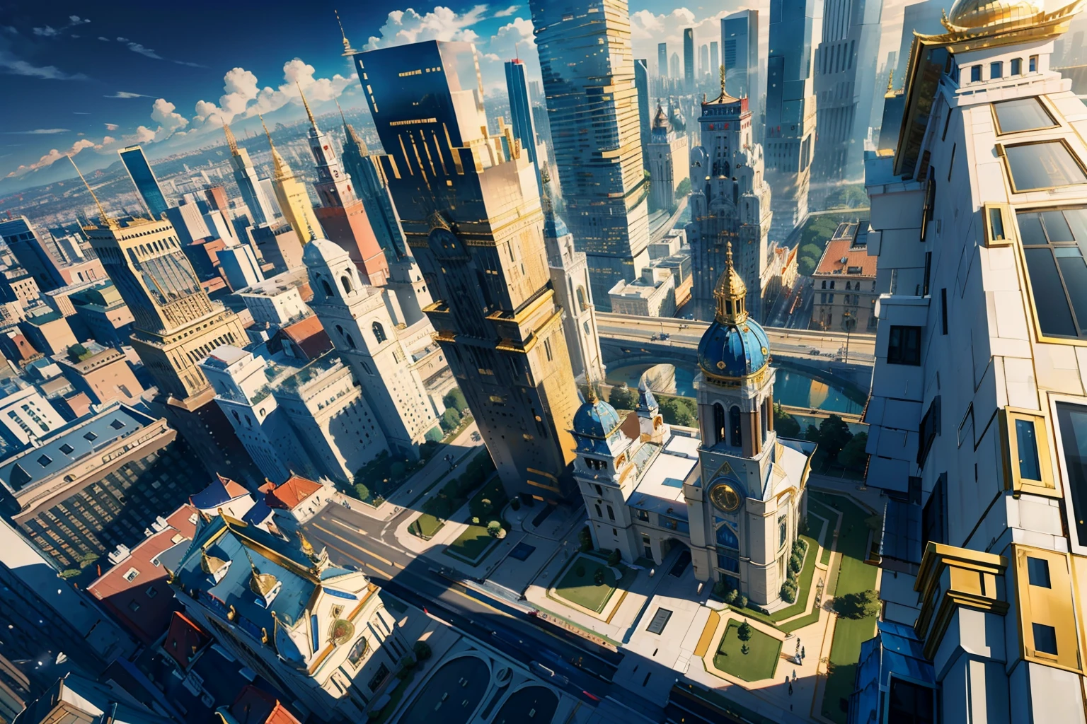 Top angle of view,gold line,marbled,European-style architecture,Buildings,tmasterpiece,of the highest quality,Cinematic quality,Ray traching,and the sun was shining brightly,城市,城市,polis,The city of the future,Golden-white tones,marbled,Tall buildings tower,Buildings,Full of life,Technologie,Golden stone tiles,glass,Blue glass,White stone brick building