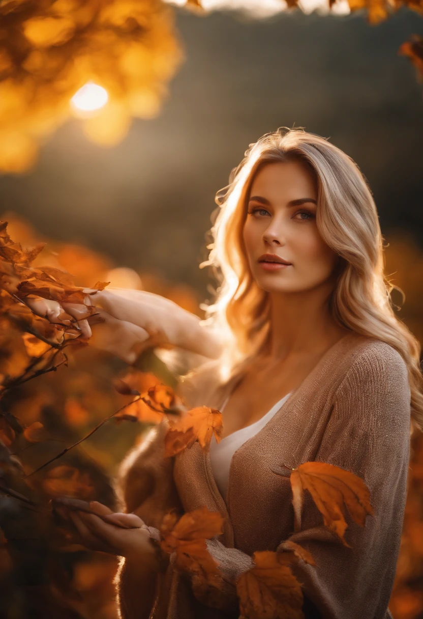 autumn weather , sun light is falling on her face , hand width reduce from original , breast size increase a little bit