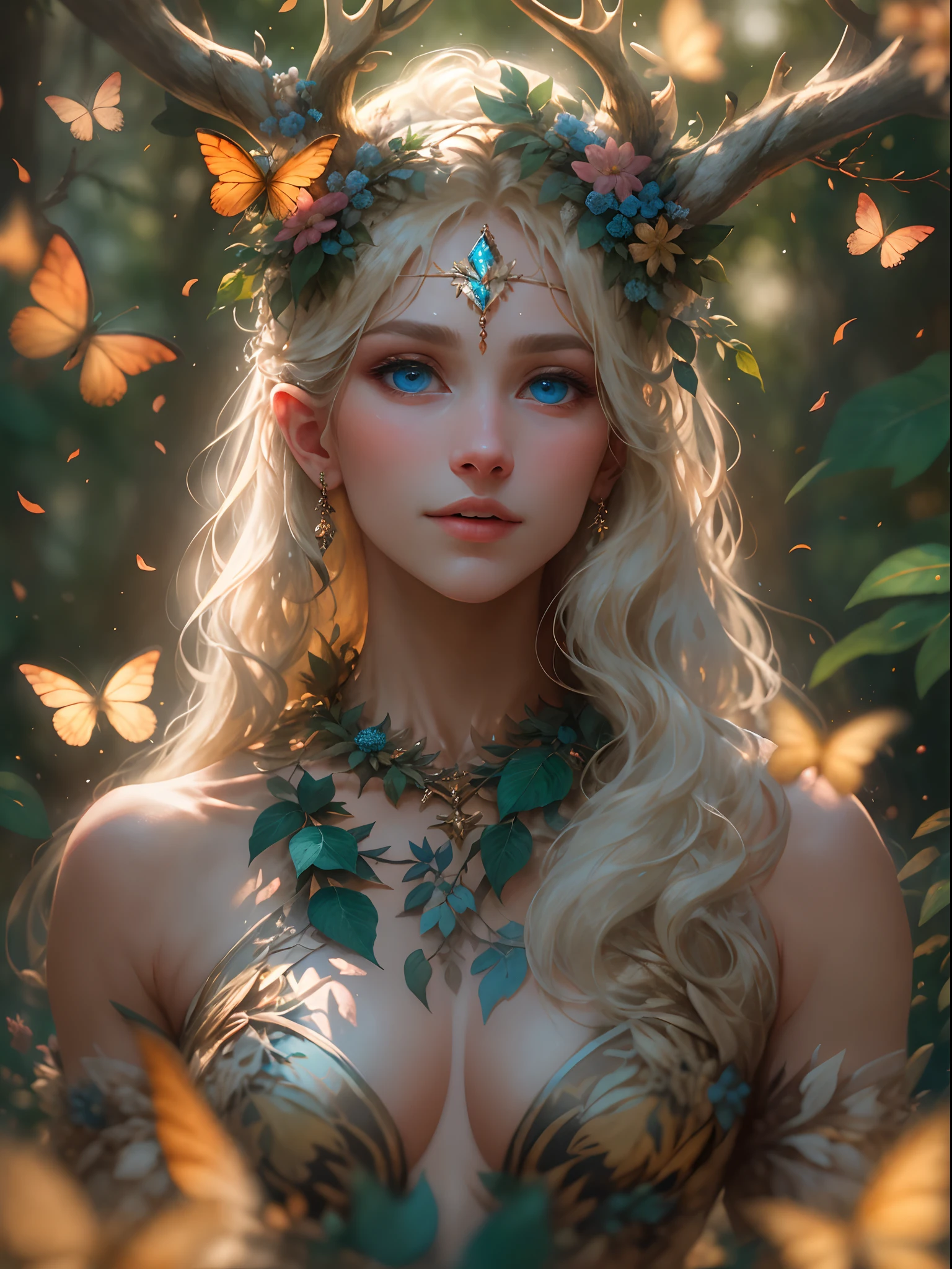 （realisticlying：1.35），（concept-art），（cowboy lens），（Majestic goddess of the forest），（Gorgeous face，big breasts enchanting，Amazing），（Long, Flowing light blonde hair），A humanoid body composed entirely of flowers and leaves，（Beautiful skin is green，Made of complex leaves and vines），（Antlers on the head），（pointy ears），（Shining blue eyes），Lush big breasts（an enchanted forest）Background with，butterflys：0.35，leafs， blooming light effect， blossoms：0.4， God Ray， Light and dust， realistic skin textures， （The light from the back window is backlighted）， 复杂， A detailed， highest  quality， hasselblatt， Nikon D850， Natural stereo lighting， （Good anatomy）， well-composed， （good proportions）， subsurfacescattering， Award-Awarded， tmasterpiece