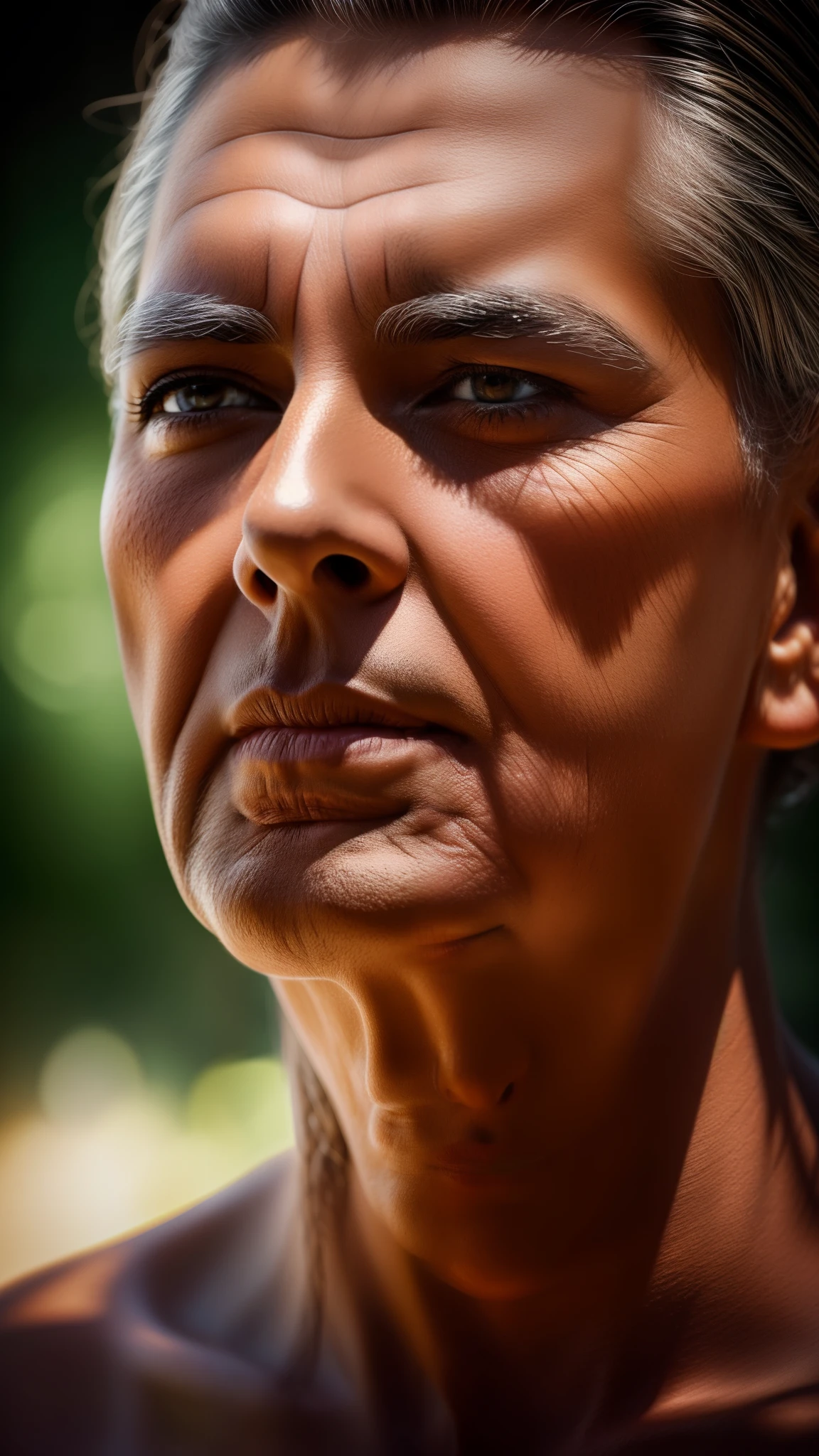 longing face tanned by the sun, volumetric lights and shadows, oil painting, professional, ultra-detailed, vivid colors, sharp focus, bokeh, portrait, vintage coloration