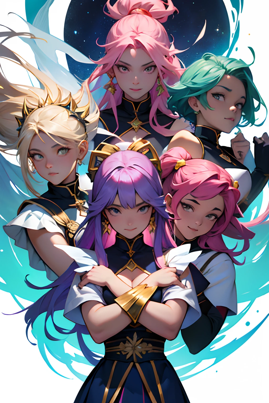 An image of four heavenly magical girls, estilo star guardians, muito lindas, muito bonitas, muito atraentes, como cabelos bonitos e coloridos, rostos detalhados e perfeitos, Detailed and perfect hands, roupas coloridas e bonitas, Artstation Trend, esquema de cores legal, semi-realismo, em uma escola japonesa a noite cercada por monstros