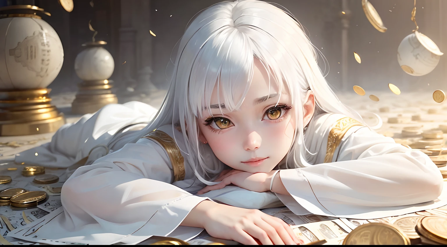 best quality, white hair, gold eyes, white clothes, looking up, upper body, hair strand, Fair skin, smiling, Banknotes and coins are scattered, lie down