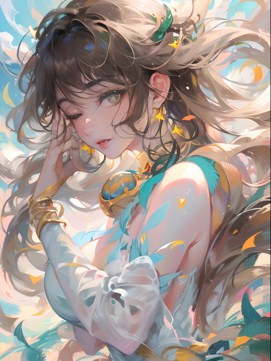 Masterpiece:1.4),, (Best quality:1.4),, Ultra-high RES,, 8K, CG,, (Extremely delicate and beautiful:1.2),,The upper part of the body,, 1girll,, Solo,, fashi-girl,, Mature girl,, , huge tit, Sweet,, , Sea backgroun,the reef,swell sea,Long brown hair,, pony-tail hair,, , Brown eyes,, Closed mouth,, Red lips,, , Face blown away by the wind,, ,Delicate depiction of facial features,almond eyes,Delicate eyeliner。long eyelasher,Green pupils,Black pupils,There is starlight in the eyes,Delicate lip detailing,Oil painting quality,Thick painting style, The beauty of Venus,the ocean,foamy,Stand on a huge shell