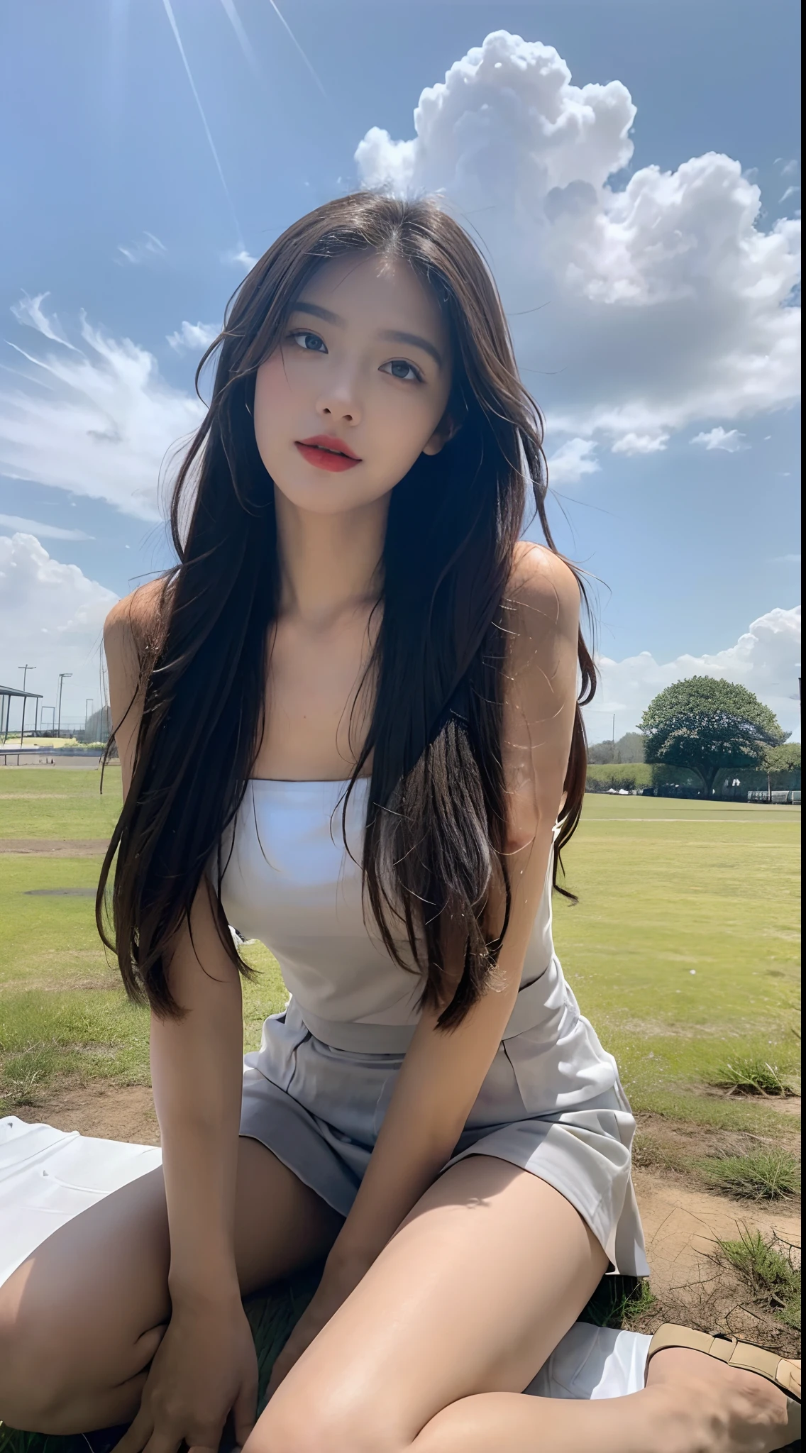(realisitic、hight resolution:1.3)、masterpiece, 1 girl with a perfect figure、Super thin face and eyes、long hair、realistic beautiful korean babe with pale skin and fairly big boobs wearing a nike tshirt and nike leggings standing outside of a park looking across, looking at viewer, Colossal titposed cleavage, 4k, hd, best quality,