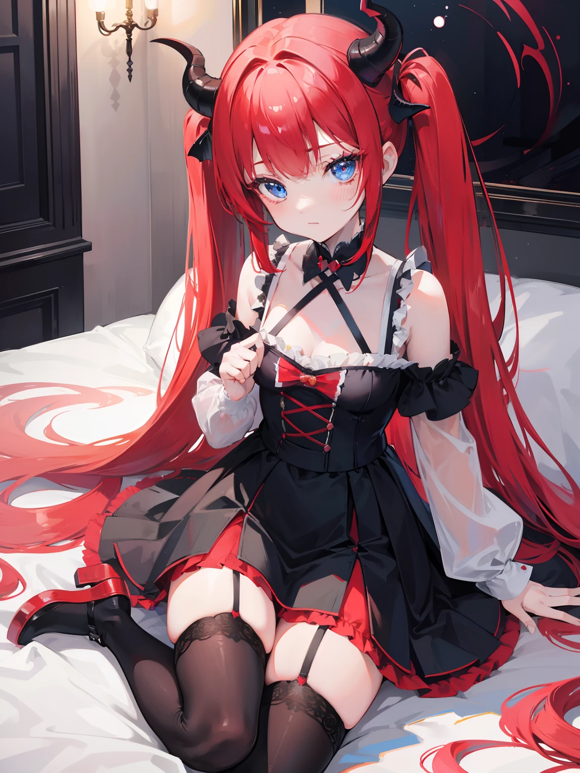 red hair,blue eyes,twintails, long hair, solo, loli, black stockings,{{best quality}}, {{masterpiece}}, {{ultra-detailed}}, {illustration}, {detailed light}, {an extremely delicate and beautiful},little girl,cute,Succubus, demon,horns