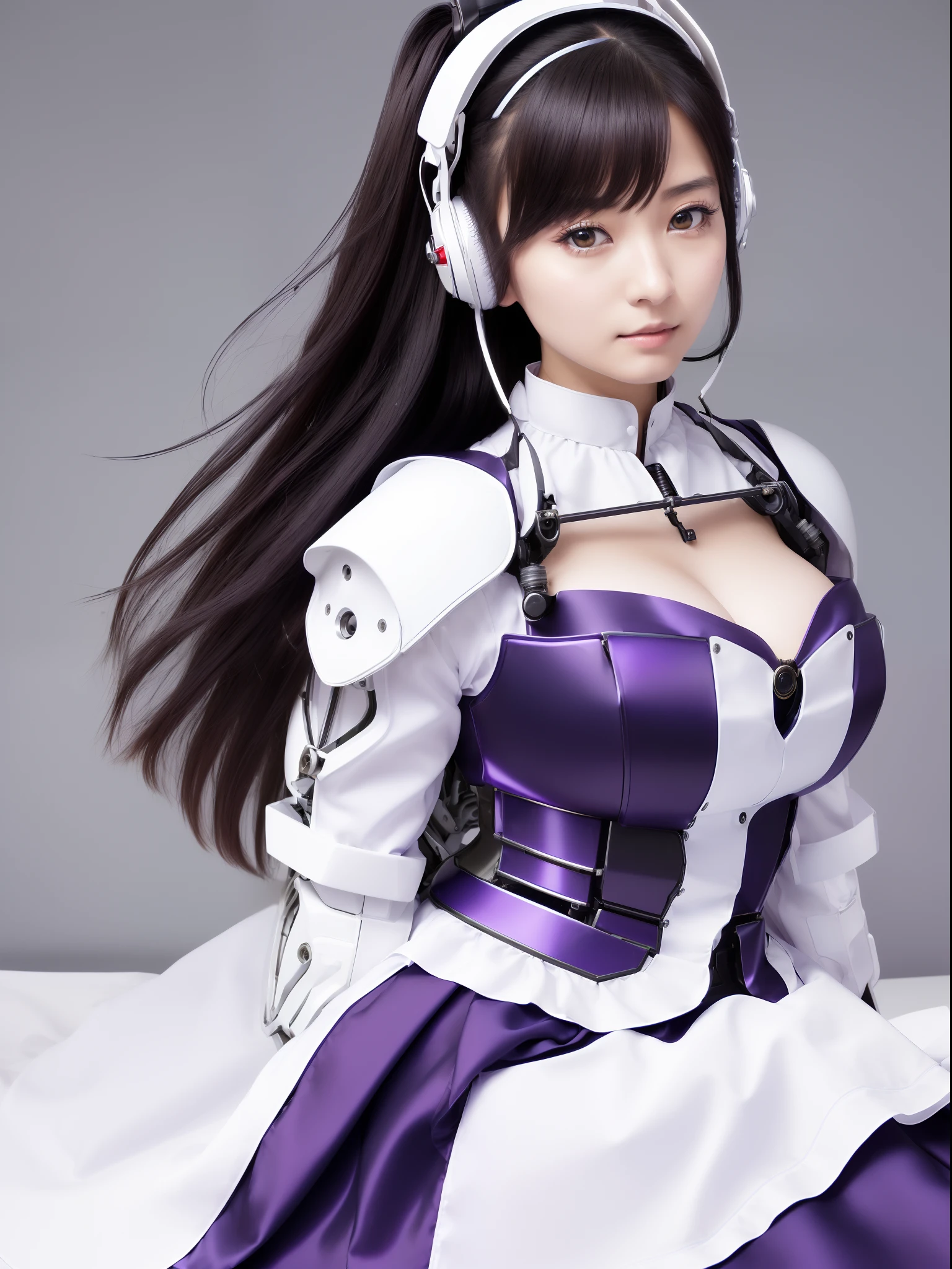 ((masutepiece)), ((top-quality), high quarity、ultra-definition, Realistic, fulcolor 、One beautiful robot woman、(Joints of machines)、Frame of the machine、Thick wire joints、(White porcelain mechanical armor)、((Curvaceous face))、deadpan、((Electronic substrate))、Purple straight hair、Wide Shot、Get on your knees、Headgear of the machine、(maid clothes:1.1)、Horizontal