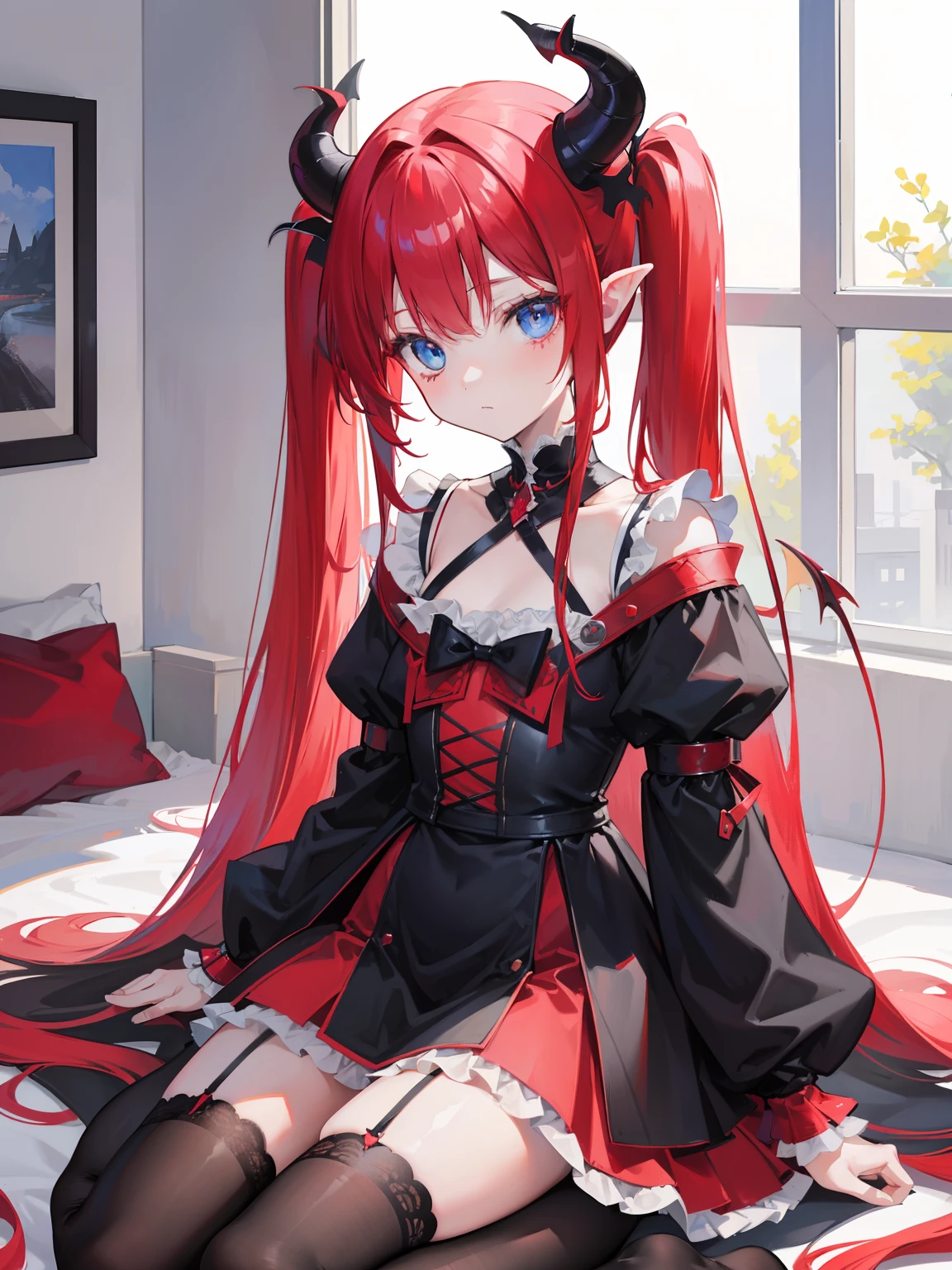 red hair,blue eyes,twintails, long hair, solo, , black stockings,{{best quality}}, {{masterpiece}}, {{ultra-detailed}}, {illustration}, {detailed light}, {an extremely delicate and beautiful},litte,Succubus, demon,horns
