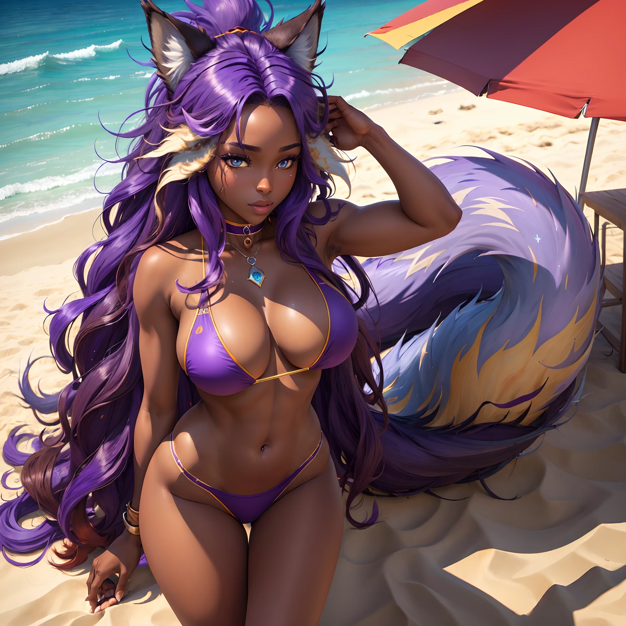 (masterpiece:1.3) extremely detailed, best quality, 1 Wolf girl, wolf, (dark brown skin), fire, fire hair, (sun tail, long tail) long hair, messy hair, wild hair, purple hair, fire skin, icy blue eyes, hot, furry, fire ear, fire tail, beach, (purple bikini),