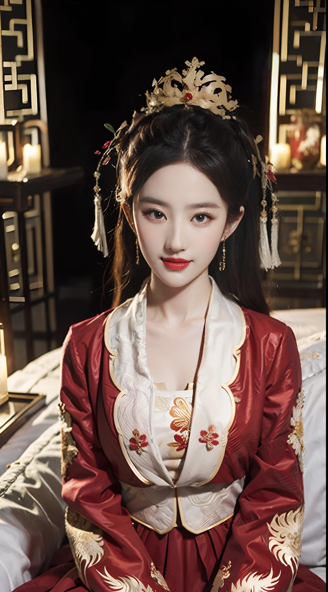 (ultra realistic 8k CG:1.2),perfect artwork,delicate pattern,intricate detail, (unparalleled masterpiece,best quality:1.2),(extremely intricate:1.2),a woman in a red and gold dress,liu yifei, Phoenix crown,hair stick,(sitting on red bed),Cosmetic,blush,shy,black_hair, looking at viewer, Cosmetic,(forehead dot),(2 red candles), chinese_clothes, curtains, earrings, hair_ornament, hanfu, indoors, jewelry, red nails, long_sleeves, red dress, red lips, tassel, (Red quilt),(red palace:1.2),(ancient Chinese architecture),(red:1.8),night,light smile,((bust portrait))