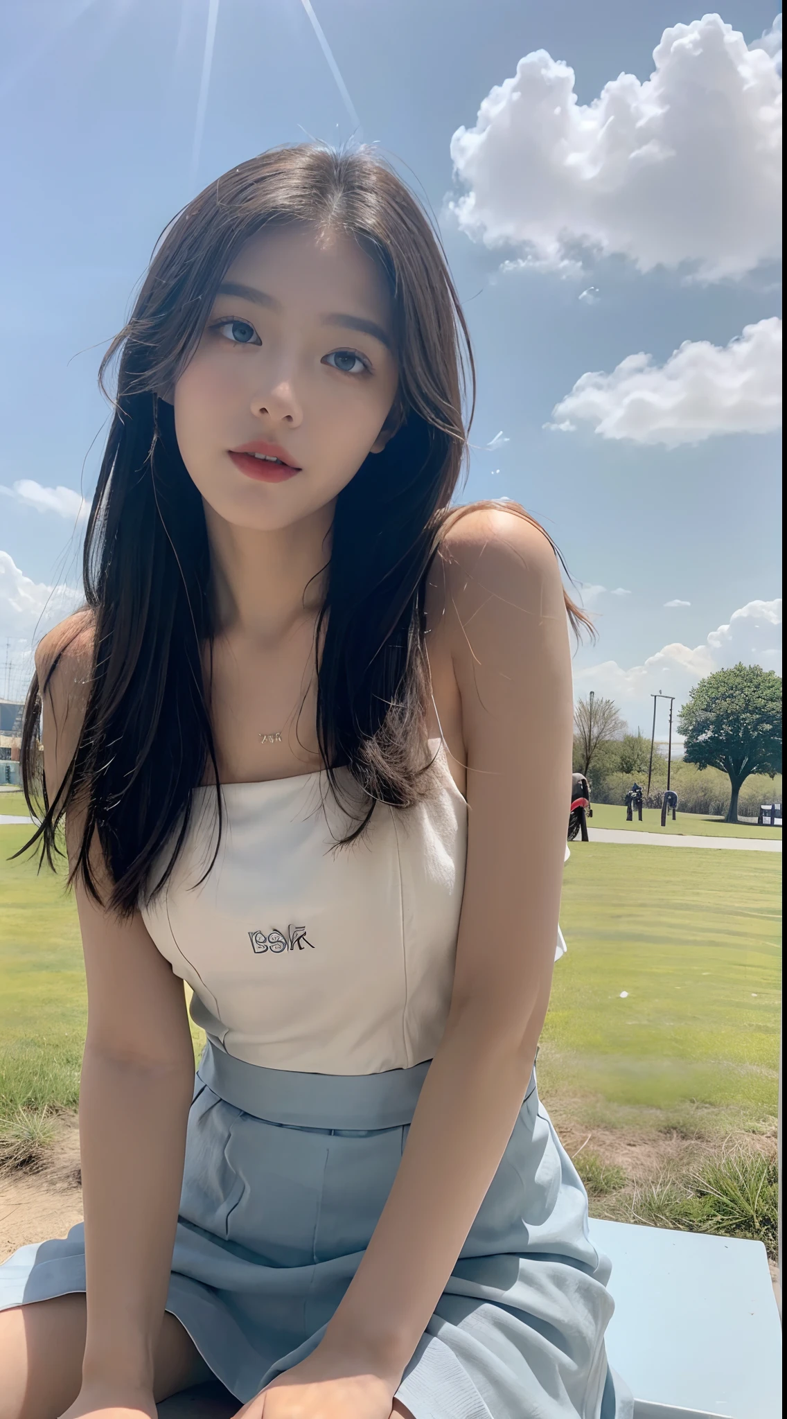 ((best qualtiy, 8K, tmasterpiece:1.3)), A pretty maiden,Pure,Melon seed face,gentle and cute,A sweet smile,Pure desire,Thin stature,(frontage),(Tilt your head),staring right into camera,uniform, Obi, formal,Black silky long, Straight hair,Long hair flowing over the shoulders,round black big eyes,Clear big eyes,Hydrated red lips,Sweet,Sit on the,with blue sky and white clouds,Blue skies,grassy fields,
