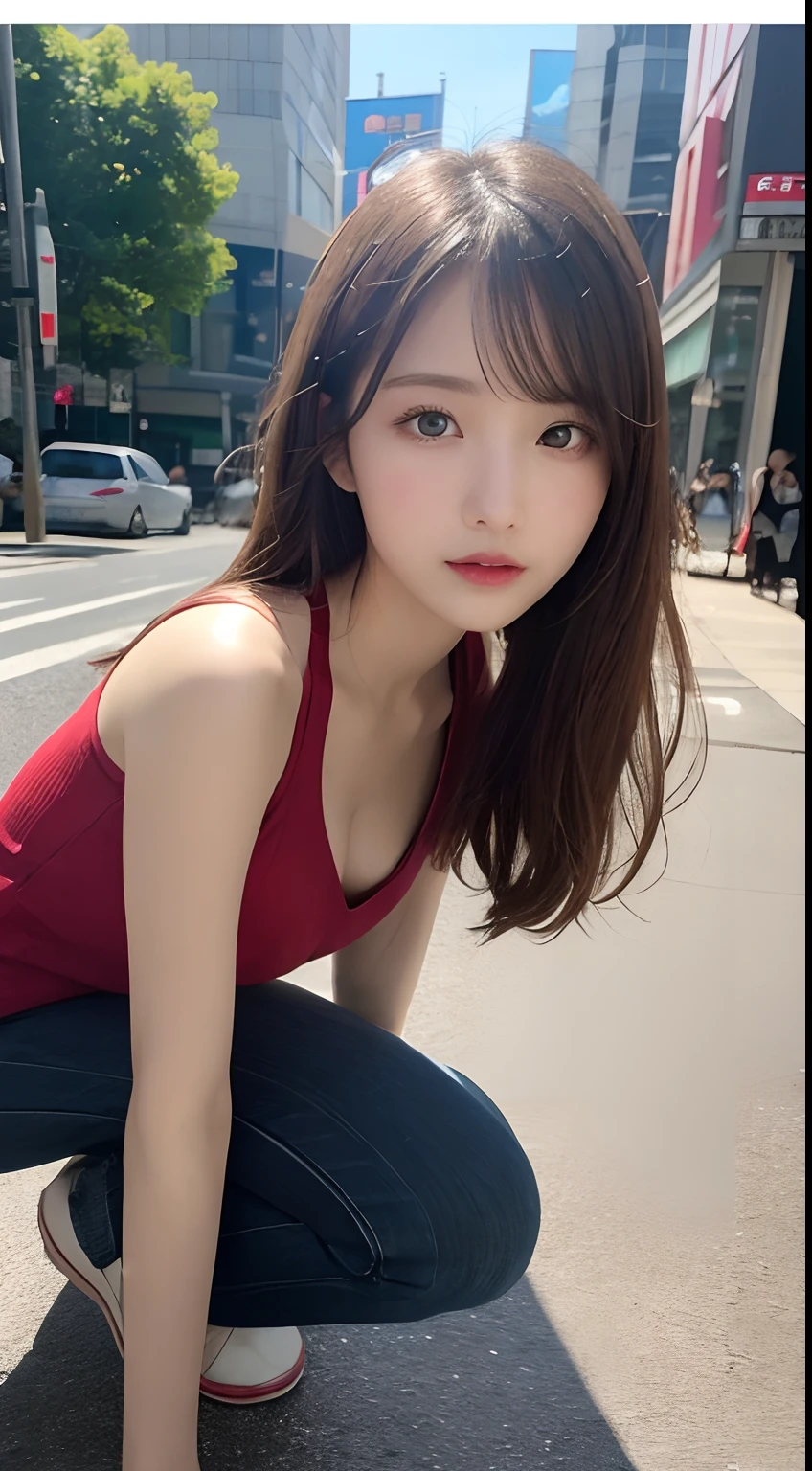 finely detail, hight resolution, hightquality、Perfect dynamic composition, Beautiful detailed eyes, Medium Hair, small tits、Natural Color Lip,Kamimei、Shibuya、20 years girl、1 persons、Transparent skin、Glowing hair、masutepiece, Best Quality, Illustration, Ultra-detailed, finely detail, hight resolution, 8K、The correct state of the human body、crouching down、Gravure Model Pose，Hair soaring in the wind