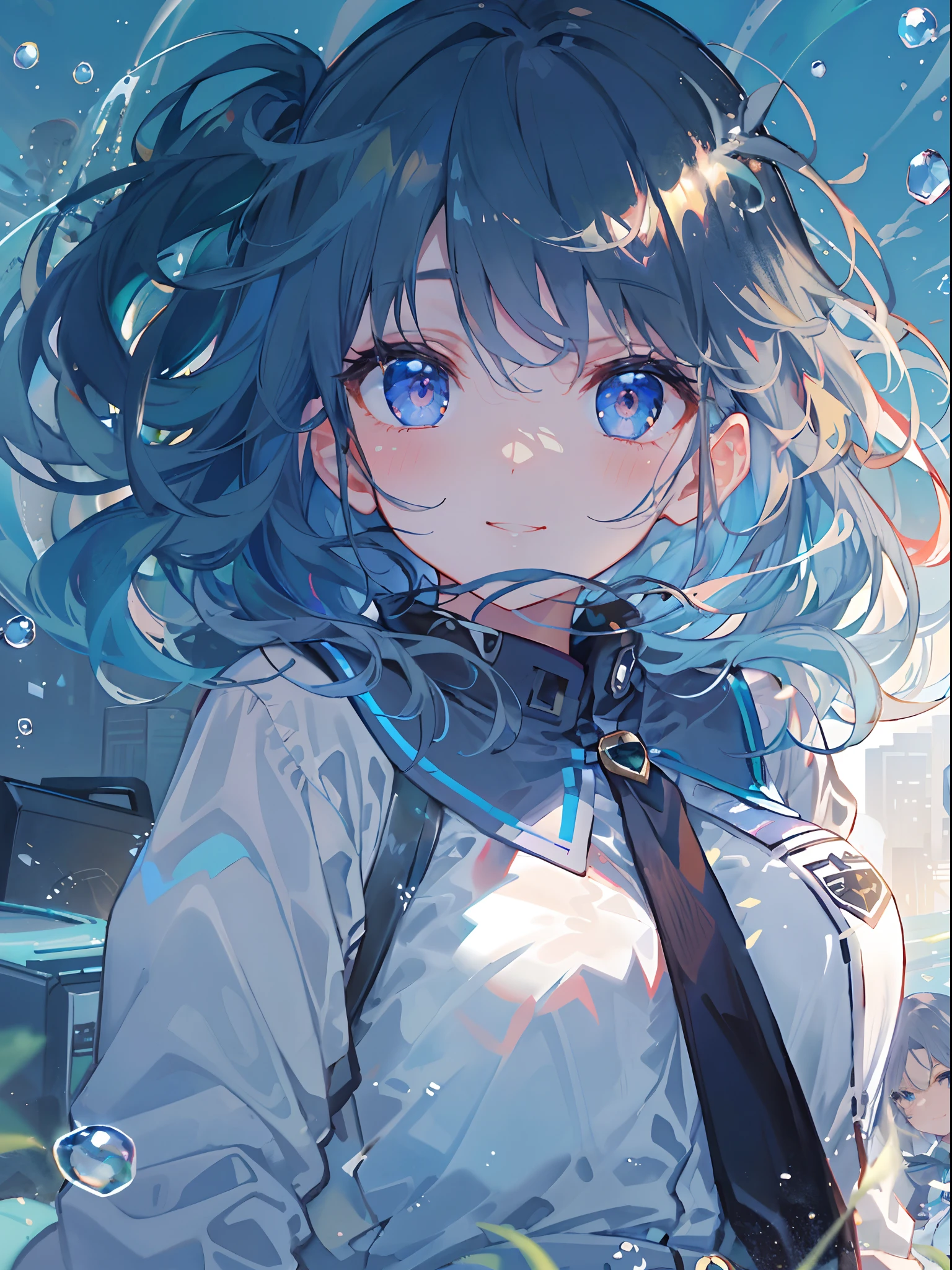 ((top-quality)), ((masterpiece)), ((ultra-detailliert)), (extremely delicate and beautiful), girl with, 独奏, cold attitude,((Black jacket)),She is very(relax)with the(Settled down)Looks,A dark-haired, depth of fields,evil smile,Bubble, under the water, Air bubble,bright light blue eyes,Inner color with light blue hair and dark blue tips,Cold background,Bob Hair - Linear Art, shortpants、knee high socks、White uniform like school uniform、Light blue ribbon ties、Clothes are sheer、Hands in pockets, Transparent taste