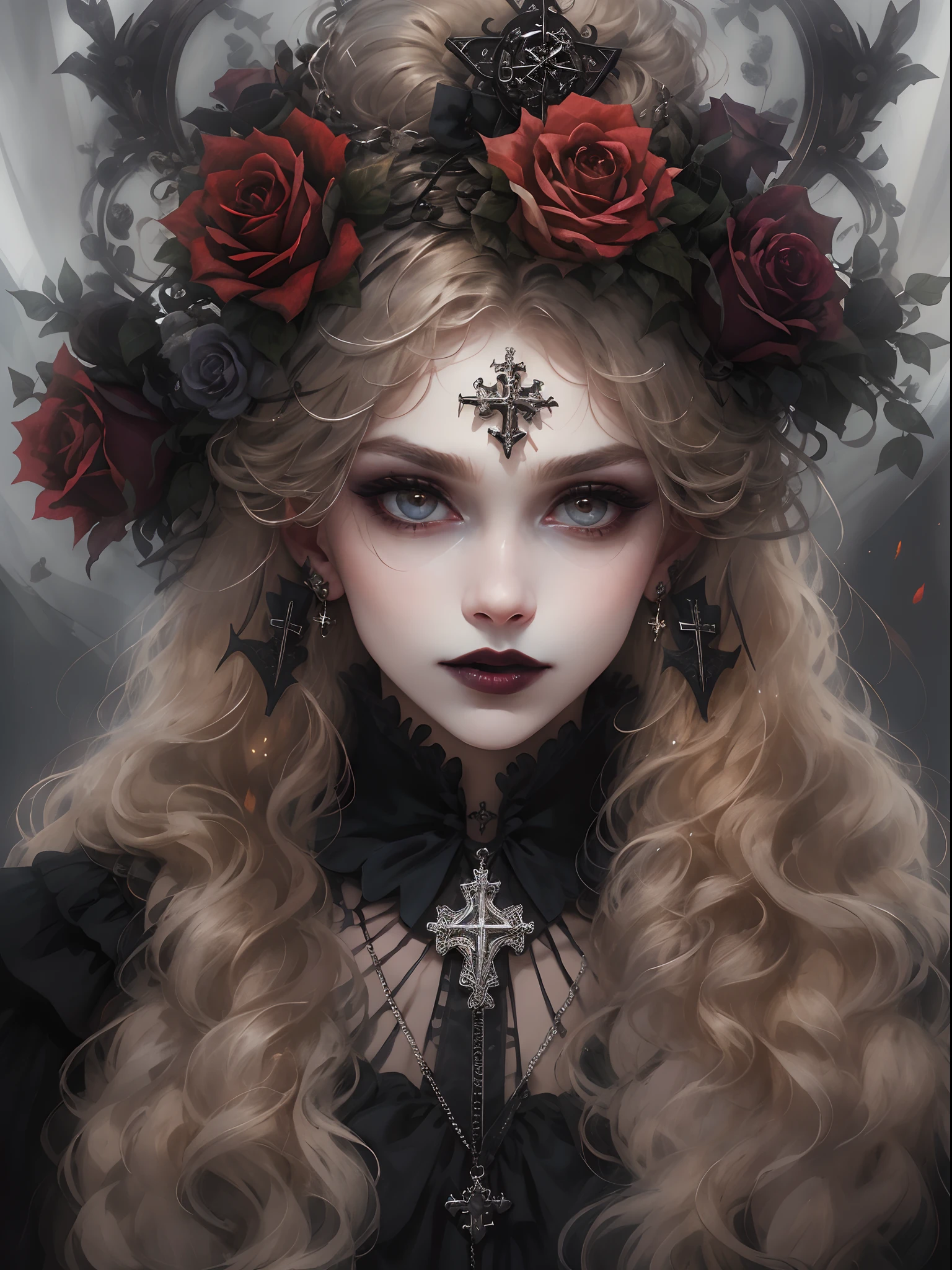 HighestQuali,tmasterpiece:1.2,Detailed details,1 Gothic girl,Black wedding dress,Gorgeous headdress,Bust,Rose flower,crosses,silver ornaments、brunette color hair、redheadwear、blond hairbl、paleskin、Black lipstick and eye shadow,Accessories include the Cross Medal,pentacle,crosses,cloaks,Shawl,Sexy,chies,a lit candle