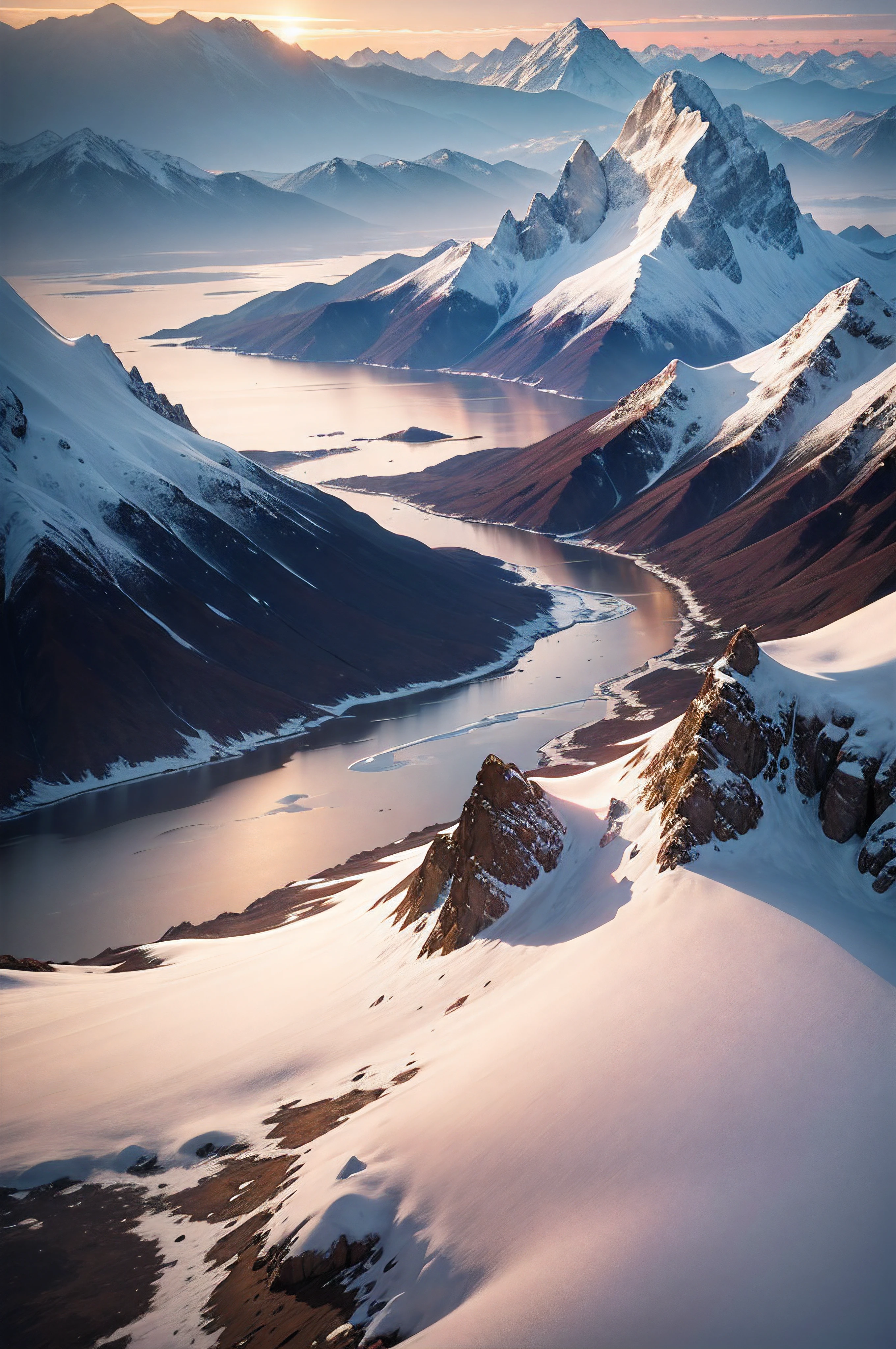 very high resolution, (fidelity: 1.4), photo, day, best quality, 8k, (masterpiece: 1.3), ultra realistic, sunset, spring, view from a very high mountain, very high mountains, you can see the snow-capped peaks of other mountains, the best quality, very high resolution, raw photo, bright diffused light, hyperrealistic, detailed nature,