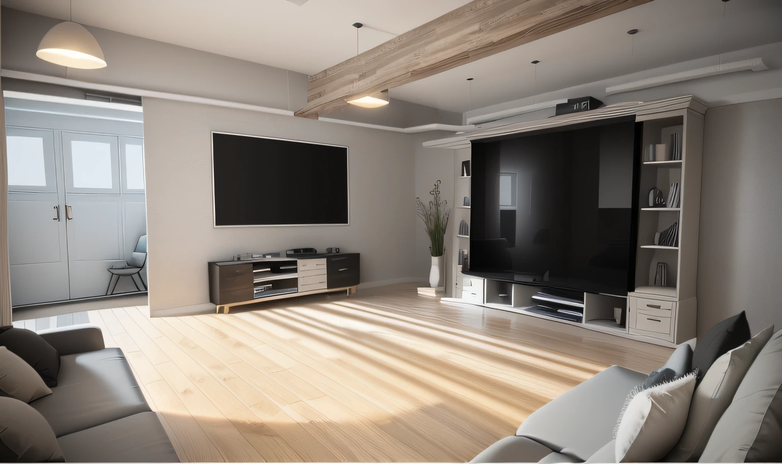 3d render, grey flooring, grey shades sofa design, wooden TV unit. modern theme