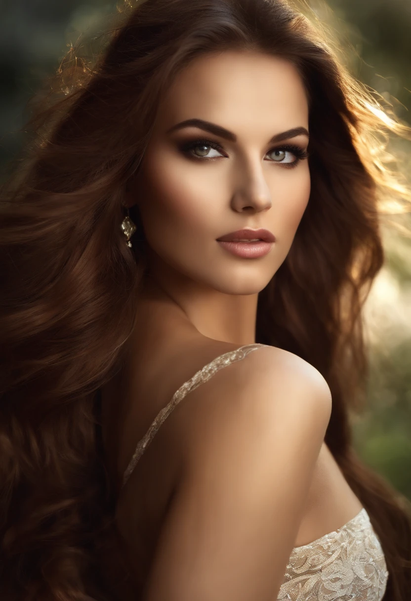a woman with long brown hair and in a one piece dress, tumblr, naughty face, evil face, digital art, attractive beautiful face, beautiful model girl, extremely beautiful face, very beautiful sexy figure girl, , beautiful girl model, photo of a beautiful woman, attractive girl, cute beautiful, very beautiful young woman, sexy face with full makeup, attractive female face!!!, gorgeous attractive face