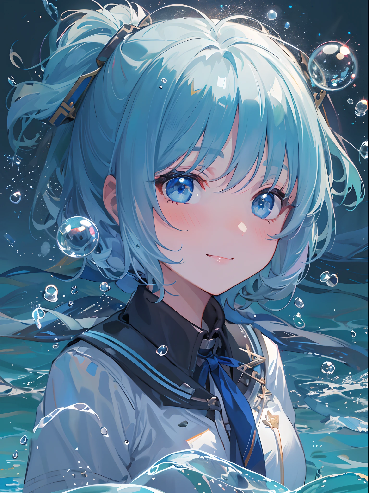 ((top-quality)), ((masterpiece)), ((ultra-detailliert)), (extremely delicate and beautiful), girl with, 独奏, cold attitude,((Black jacket)),She is very(relax)with the(Settled down)Looks,A dark-haired, depth of fields,evil smile,Bubble, under the water, Air bubble,bright light blue eyes,Inner color with light blue hair and dark blue tips,Cold background,Bob Hair - Linear Art, shortpants、knee high socks、White uniform like school uniform、Light blue ribbon ties、Clothes are sheer、Hands in pockets, side bun,, Grabbing a strip of water、Water debris
