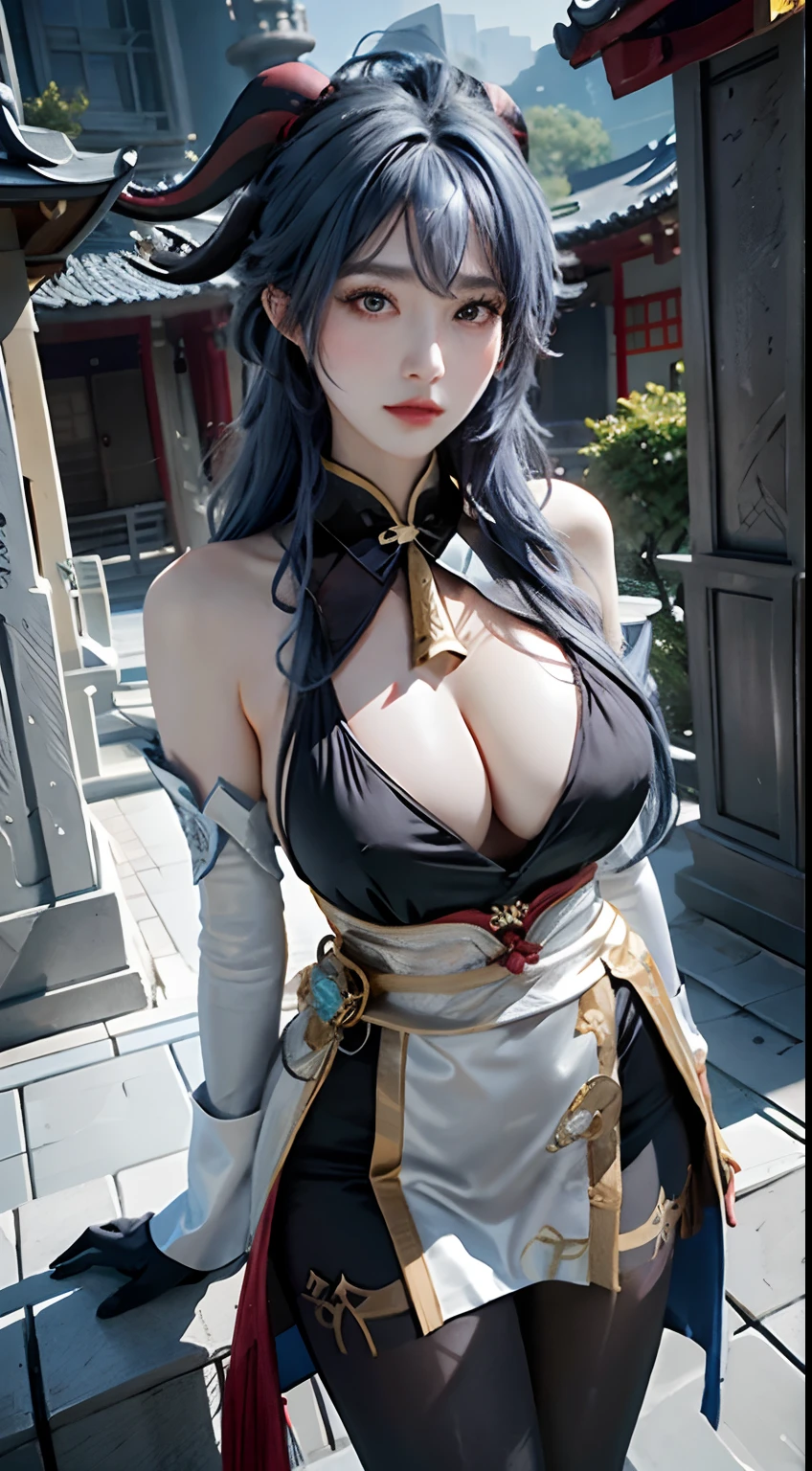 Photorealistic, High resolution, 1womanl, Solo, hips up high, look at viewr, (Detailed face), Ahoge, architecture, Bangs, Bare shoulders, bell, Black Gloves, Black pantyhose, (Blue hair), blush, breasts, Chinese knot, Detached sleeves, East Asian Architecture, flower knots, gloves, Horns, Long hair, ganyu \(GenshinImpact\), Bow