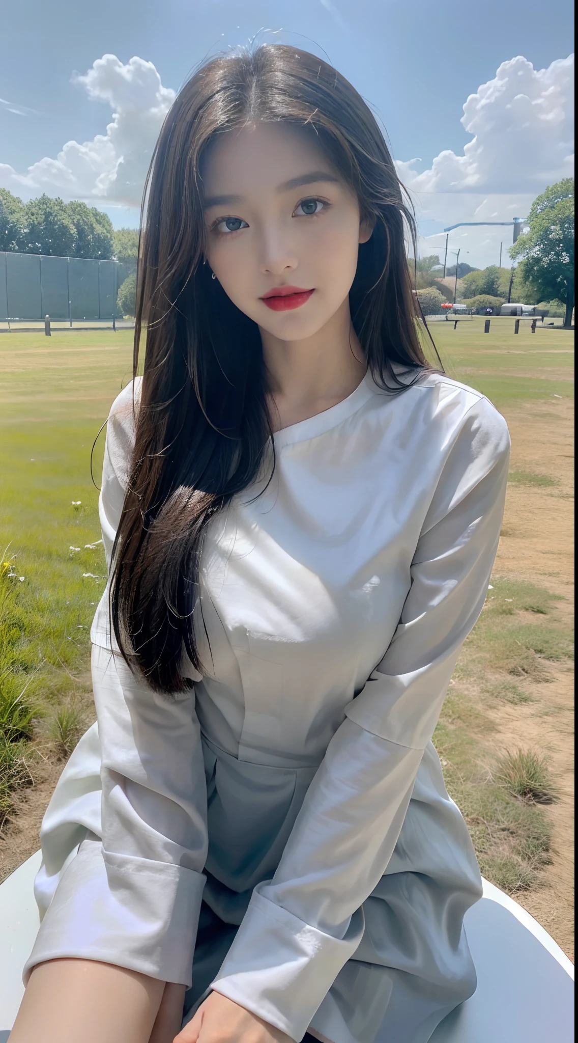 ((best qualtiy, 8K, tmasterpiece:1.3)), A pretty maiden,Pure,Melon seed face,gentle and cute,A sweet smile,Pure desire,Thin stature,(frontage),(Tilt your head),staring right into camera,uniform, Obi, formal,Black silky long, Straight hair,Long hair flowing over the shoulders,round black big eyes,Clear big eyes,Hydrated red lips,Sweet,Sit on the,with blue sky and white clouds,Blue skies,grassy fields,