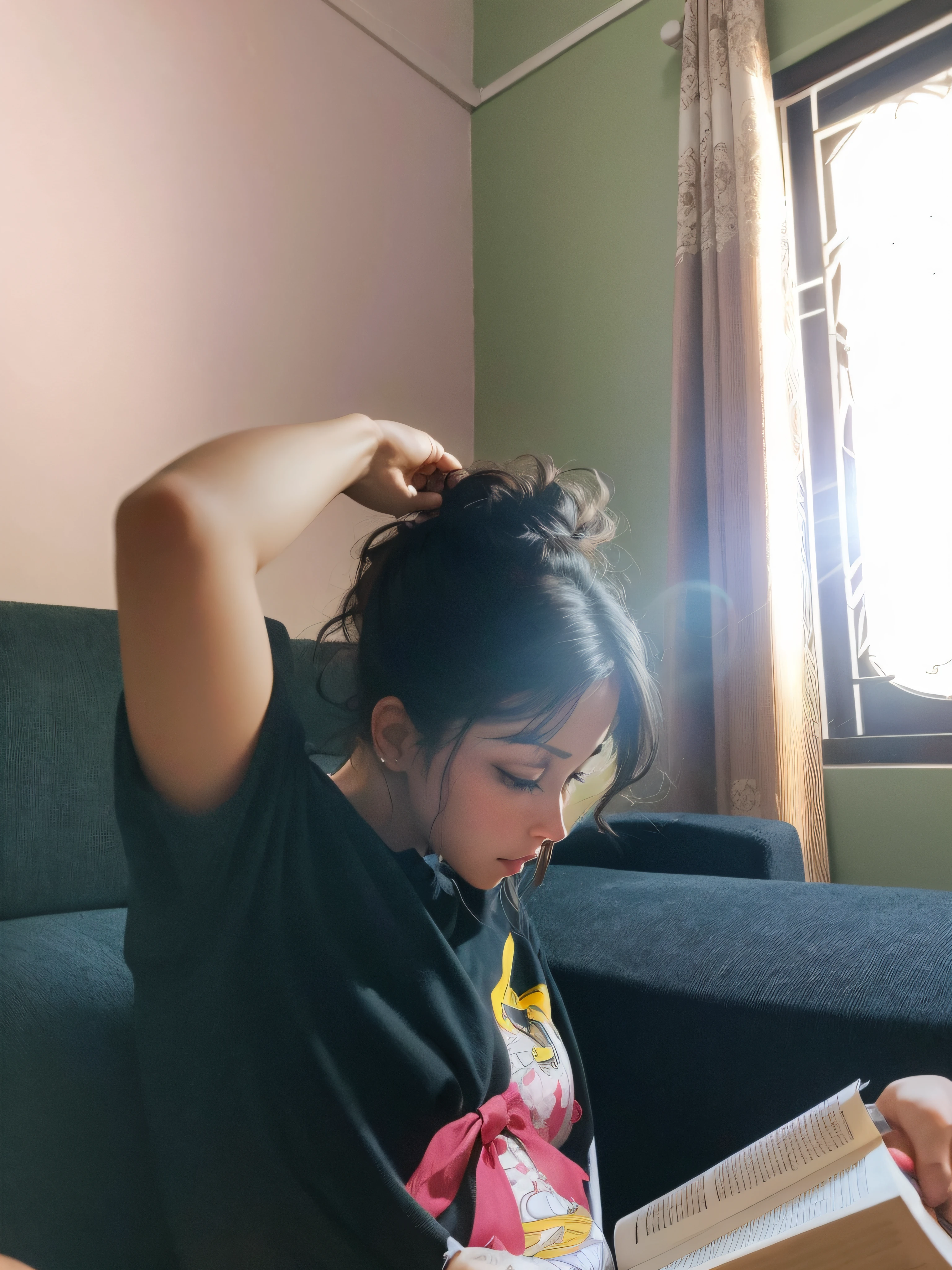 increase breast size , reduce hand width , sun light is falling on her face