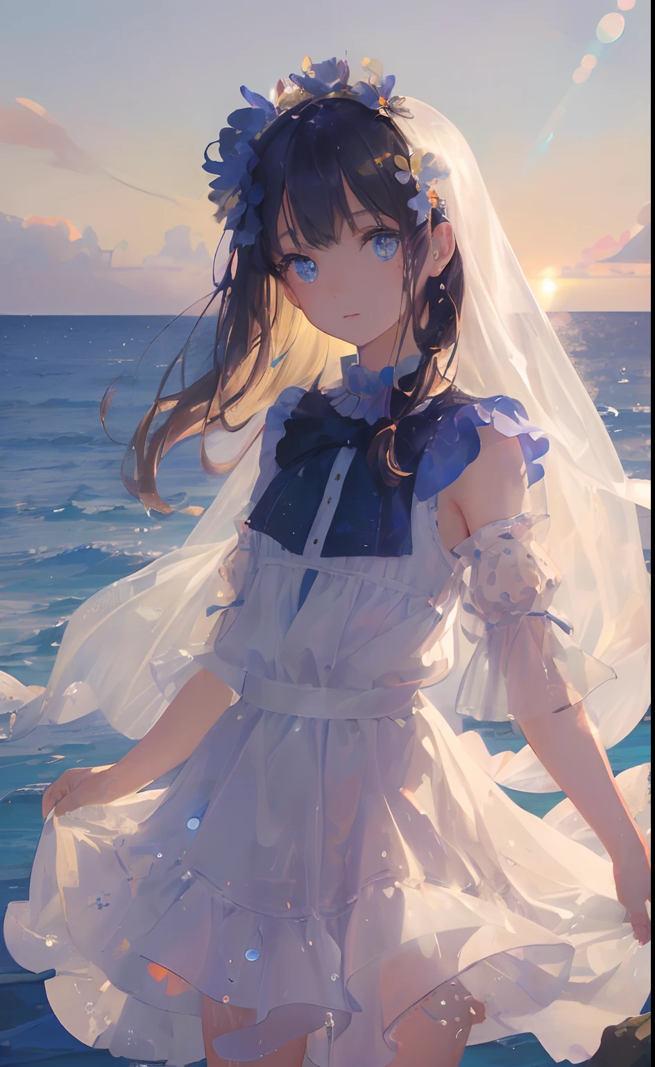 art by Cornflower, dready (A petite girl with beautiful detailed eyes. The depth of field in the photo is perfect and the lens flare adds a nice touch. The fine details on her face really stand out, score because of this photo Definitely greater than 10. In the background, there is a beautiful ocean with clear water and water droplets on the surface
