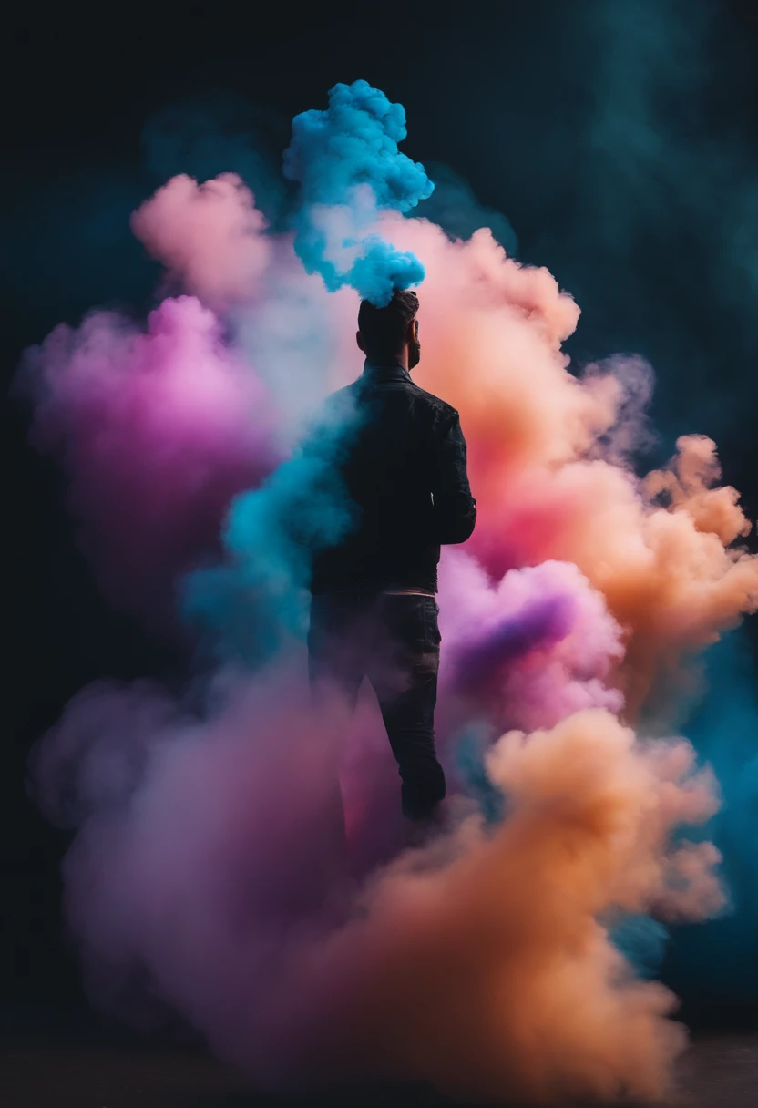 Vape in hand in a cloud of colored smoke