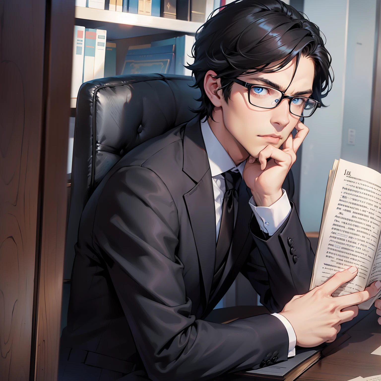 young man in business clothes reading old newspaper --auto --s2