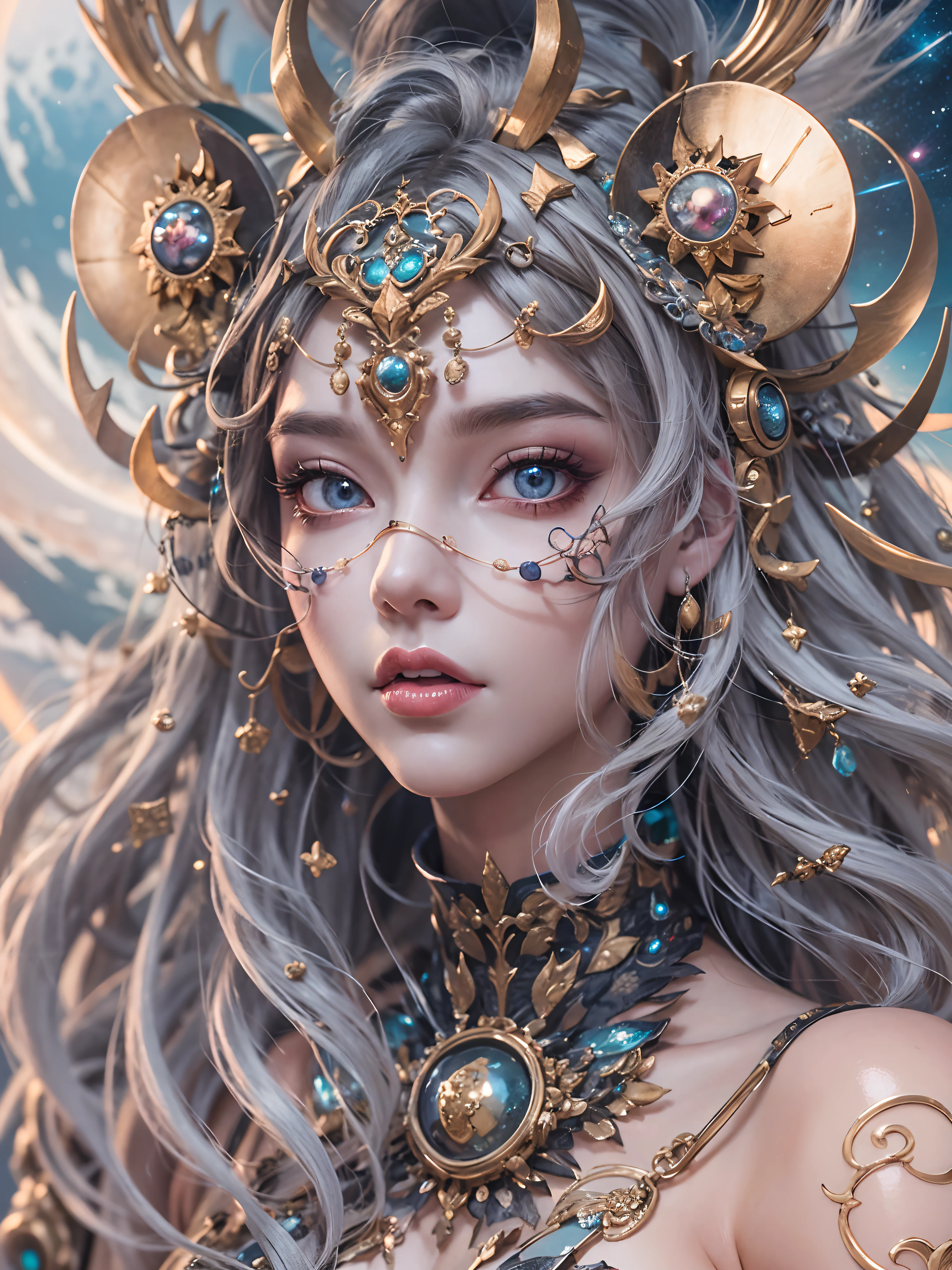 （best qualtiy，ultra - detailed，Most Best Illustration，Best shadow，tmasterpiece，A high resolution，professionalartwork，famousartwork），Detailed eyes，beautidful eyes，closeup cleavage，up body, sci-fy，colored sclera，Robot eyes，face markings，Tattooed with，（fractalized，Fractal eyes），largeeyes，Wide eyes，（Eye focus），sface focus，Cosmic eyes，Space eyes，Close-up of metal sculpture of a woman with a nebula in her hair，goddes。extremly high detail，3 d goddess portrait，Extremely detailed footage of the goddess，a stunning portrait of a goddess，Side image of the goddess，portrait of a beautiful goddess，Full body close-up portrait of the goddess，hecate goddess，portrait of a norse nebula goddess，goddess of space and time