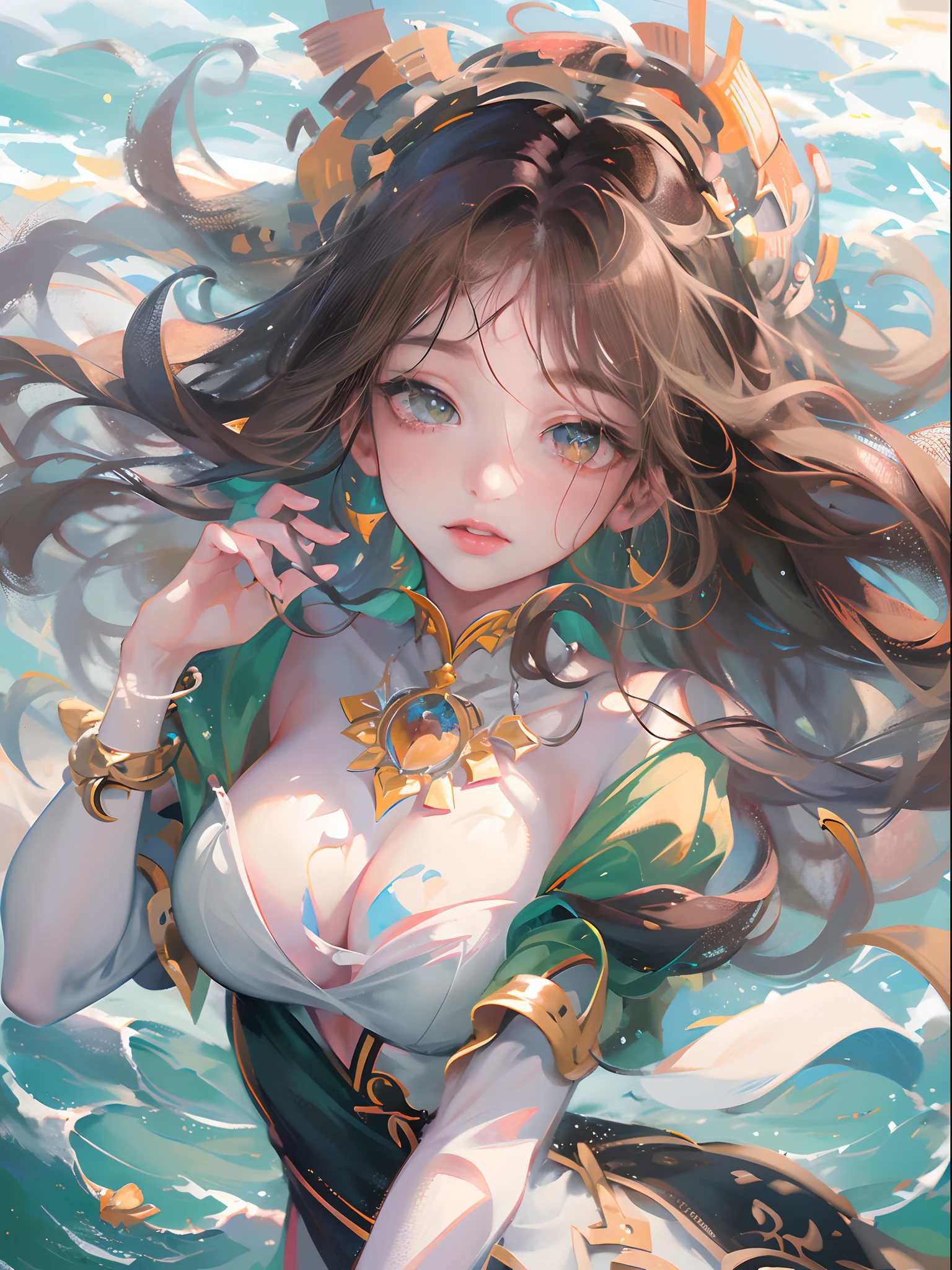 Masterpiece:1.4),, (Best quality:1.4),, Ultra-high RES,, 8K, CG,, (Extremely delicate and beautiful:1.2),,The upper part of the body,, 1girll,, Solo,, fashi-girl,, Mature girl,, , huge ???, Sweet,, , Sea backgroun，the reef，swell sea，Long brown hair,, pony-tail hair,, , Brown eyes,, Closed mouth,, Red lips,, , Face blown away by the wind,, ,Delicate depiction of facial features，almond eyes，Delicate eyeliner。long eyelasher，Green pupils，Black pupils，There is starlight in the eyes，Delicate lip detailing，Oil painting quality，Thick painting style， The beauty of Venus，the ocean，foamy，Stand on a huge shell