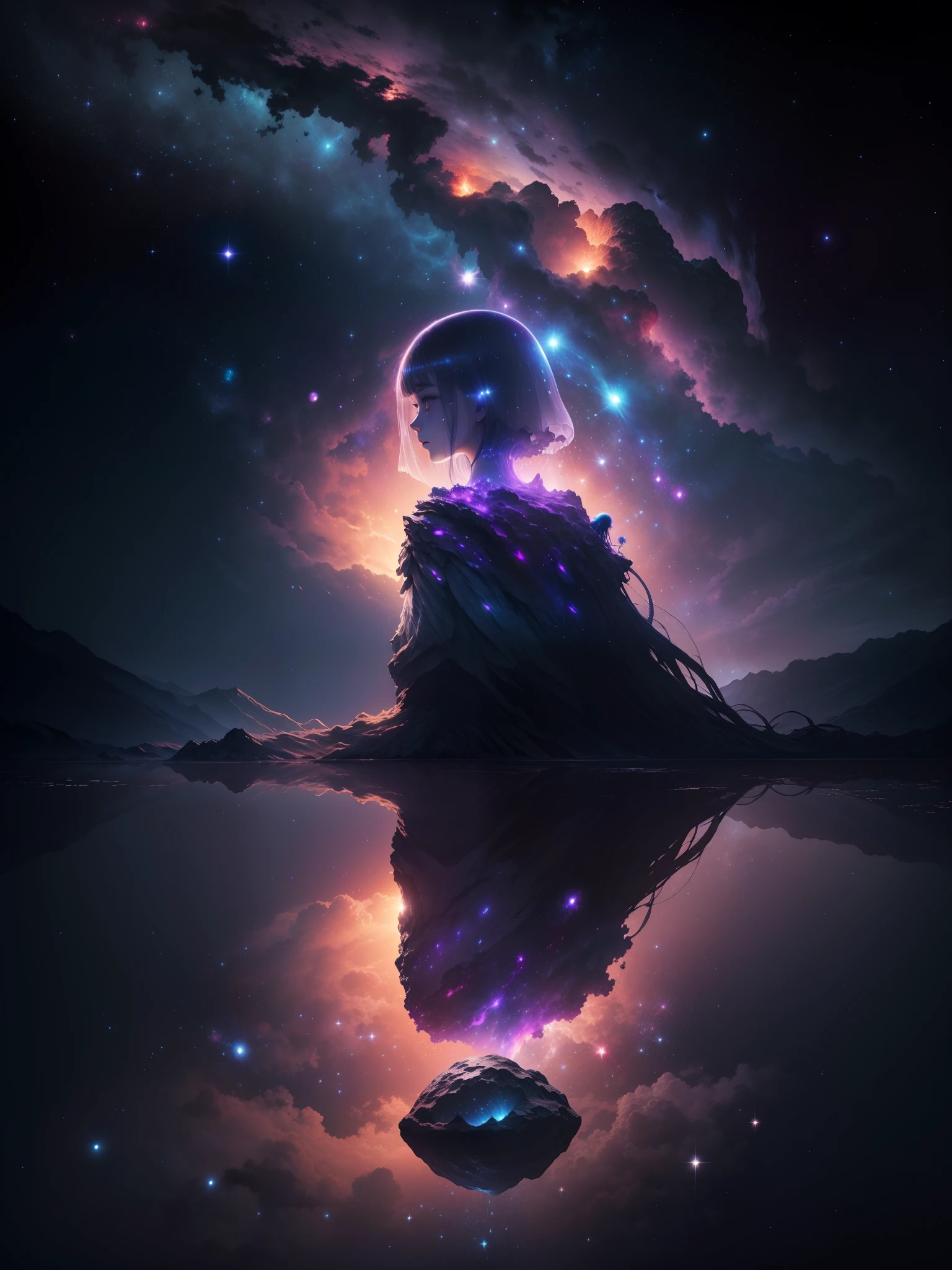 (best quality,4k,highres,masterpiece:1.2),ultra-detailed,realistic:1.37,alien landscape,dark atmosphere,jellyfish-like beings,floating in the air,starry night,cosmic wonders,serene beauty,glowing celestial bodies,quiet and peaceful,faint moonlight,crystal-like transparency,translucent bodies,gentle movements,otherworldly presence,ethereal glow,loneliness and isolation,pondering the universe's mysteries,contemplating the unknown,reflective and deep thoughts,distant galaxies,colorful nebulae,luminous stars,serene and enchanting eyes,gazing into infinity,endless possibilities