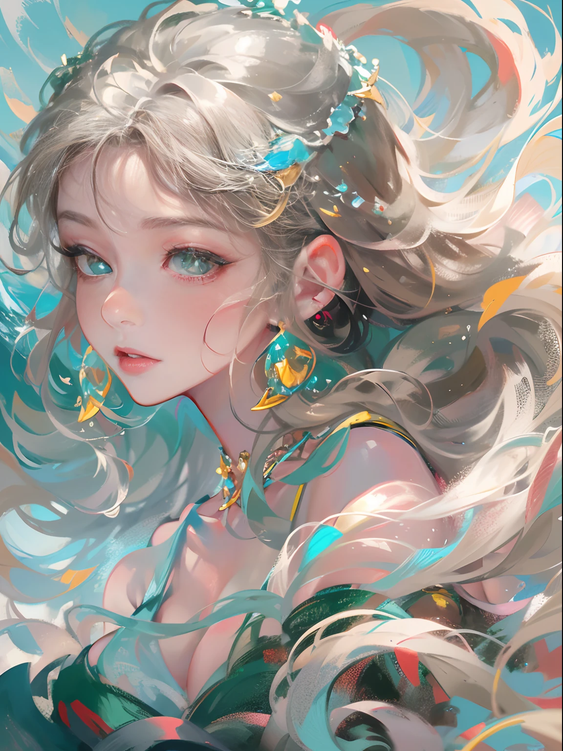 Masterpiece:1.4),, (Best quality:1.4),, Ultra-high RES,, 8K, CG,, (Extremely delicate and beautiful:1.2),,The upper part of the body,, 1girll,, Solo,, fashi-girl,, Mature girl,, , huge tit, Sweet,, , Sea backgroun,the reef,swell sea,Long brown hair,, pony-tail hair,, , Brown eyes,, Closed mouth,, Red lips,, , Face blown away by the wind,, ,Delicate depiction of facial features,almond eyes,Delicate eyeliner。long eyelasher,Green pupils,Black pupils,There is starlight in the eyes,Delicate lip detailing,Oil painting quality,Thick painting style, The beauty of Venus,the ocean,foamy,Stand on a huge shell