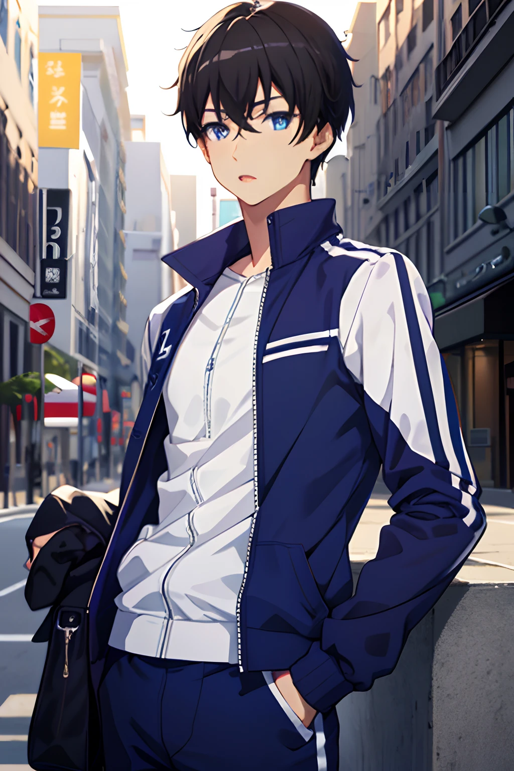 masterpiece, best quality, high quality, 1boy, solo, male focus, looking at viewer, upper body, youta_narukami, blue eyes, black hair, hair between eyes, realistic, track suit